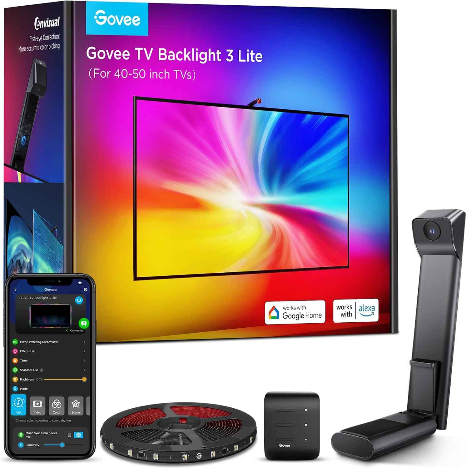 Govee TV Backlight 3 Lite with Fish-Eye Correction Function Sync to 55-65 Inch TVs, 11.8ft RGBICW Wi-Fi LED Strip Lights with Camera, 4 Colors in 1 Lamp Bead, Voice and APP Control, Adapter