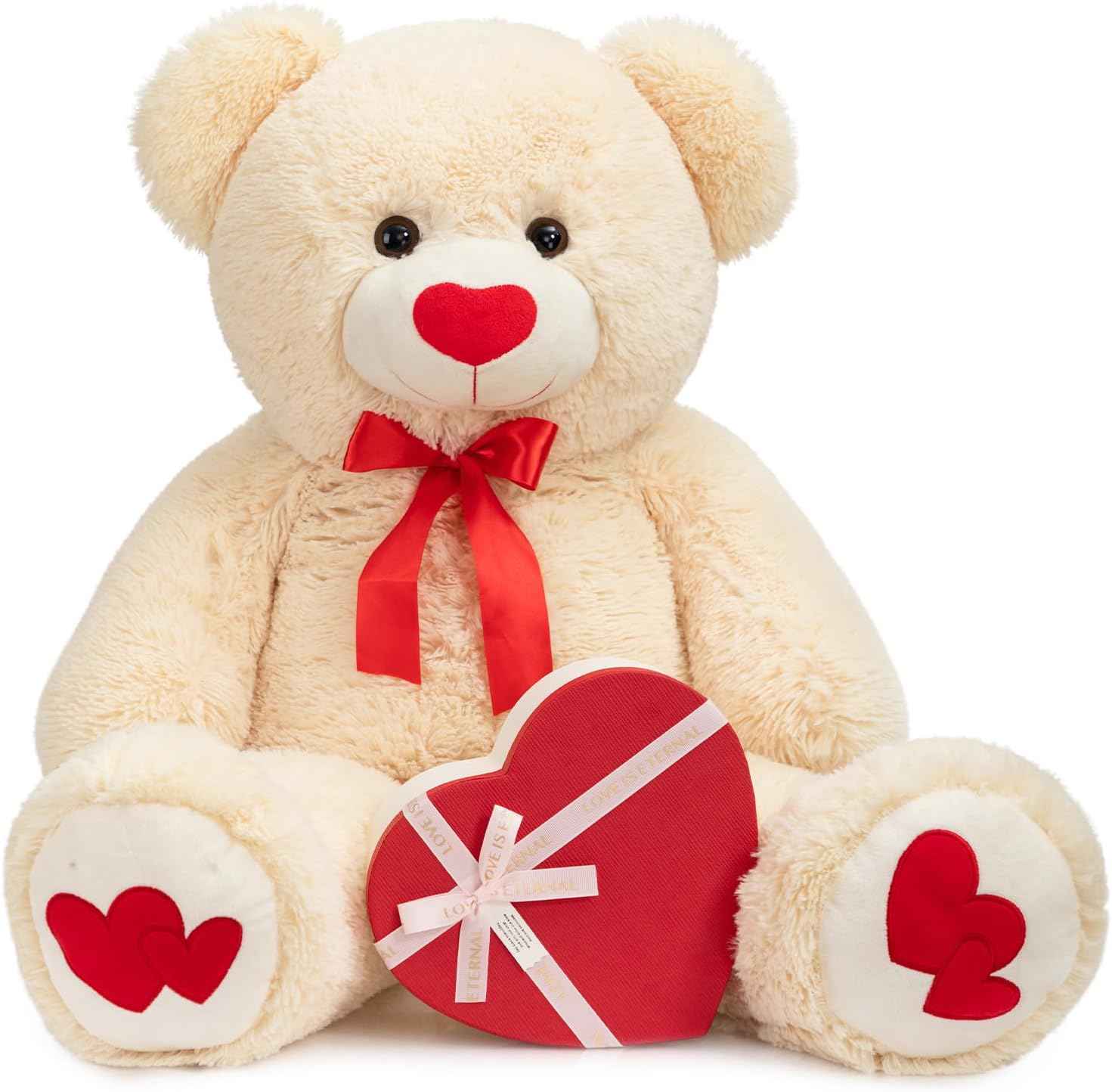 HollyHOME Big Teddy Bear Stuffed Animal Valentines Large Bear Plush with Red Heart for Girlfriend and Kids Valentines 36 inch Tan