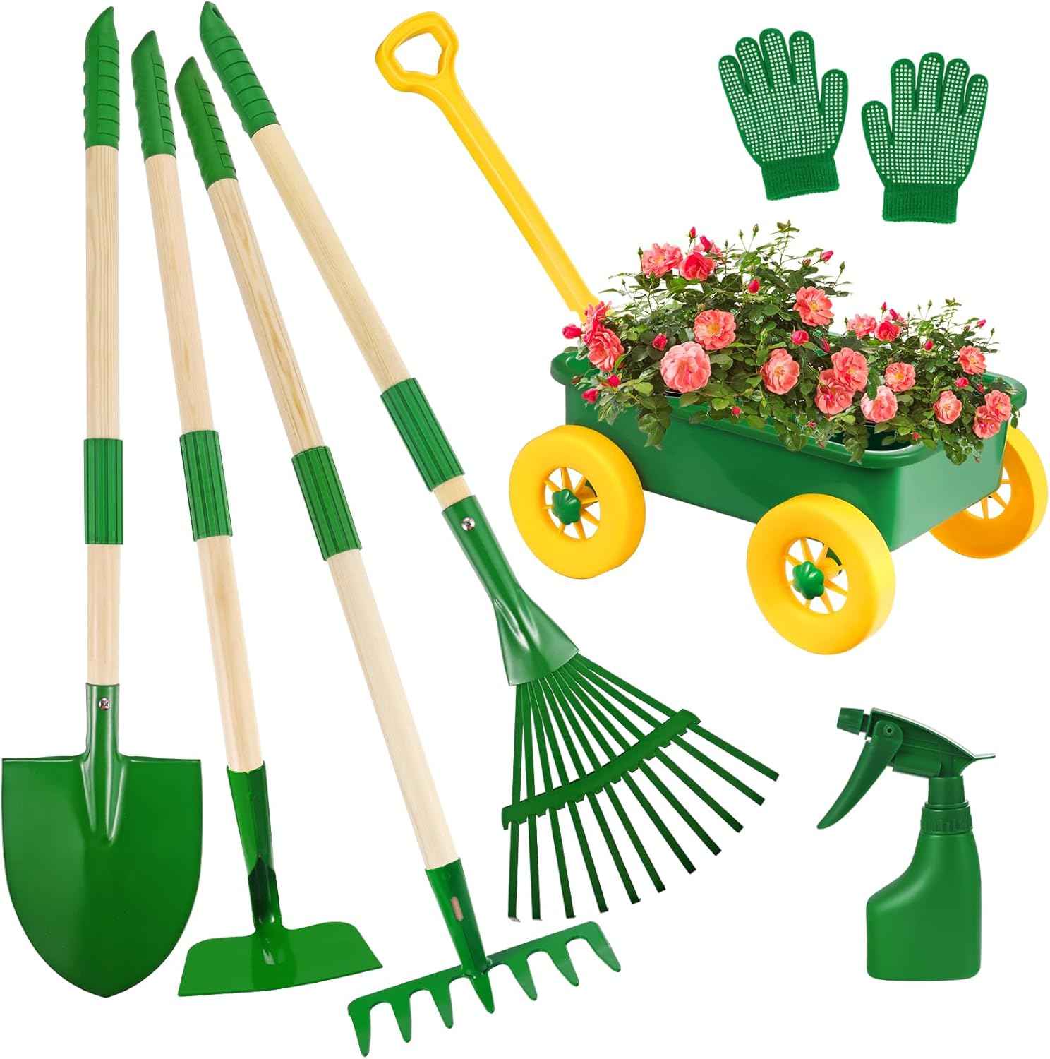 Duckura Kids Gardening Tools Set - 7pcs Wheelbarrow Set for Kids with Shovel, Rake, Leaf Rake, Summer Outdoor Yard Digging Weed Birthday Gifts Toys, Valentine's for Boys Girls Age 2 3+ Years(Green)