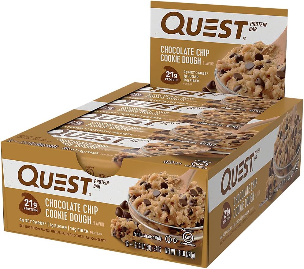 quest nutrition chocolate chip cookie dough protein bars 21g protein 1g sugar 4g net carb gluten free 12 count