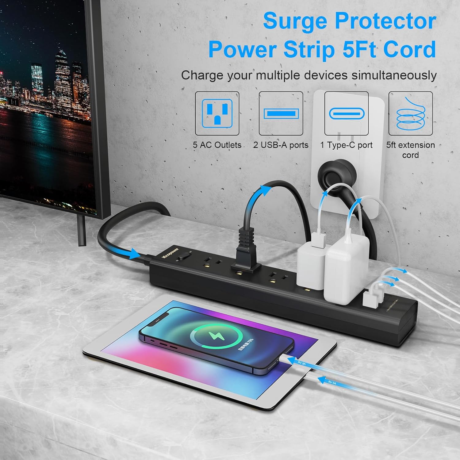 black 2-pack power strip with 5 outlets, 3 usb ports, 1250w surge protector, 5ft cord, wall mount for home office
