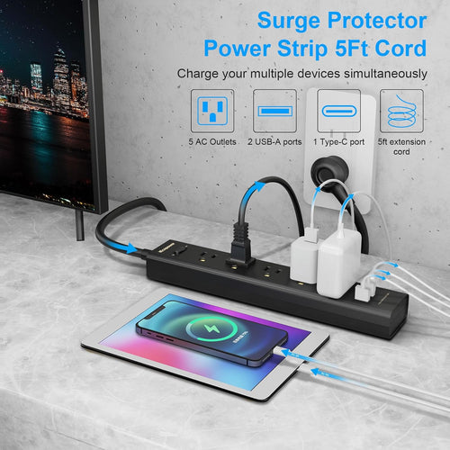 black 2-pack power strip with 5 outlets, 3 usb ports, 1250w surge protector, 5ft cord, wall mount for home office