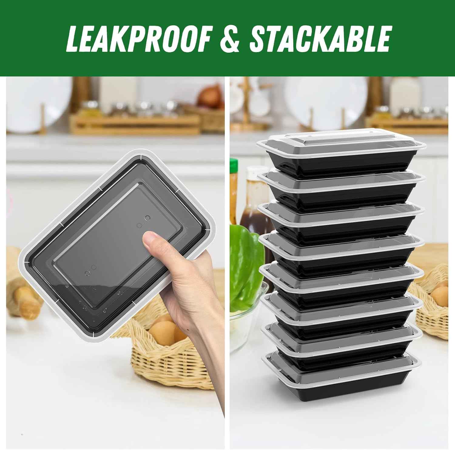 50 Pack (100-Piece) 28 oz Meal Prep Containers Reusable with Lids, Sturdy Leakproof & Food Safe, Microwave, Freezer, Dishwasher Safe Prep Containers, To Go Take Out Plastic Food Storage