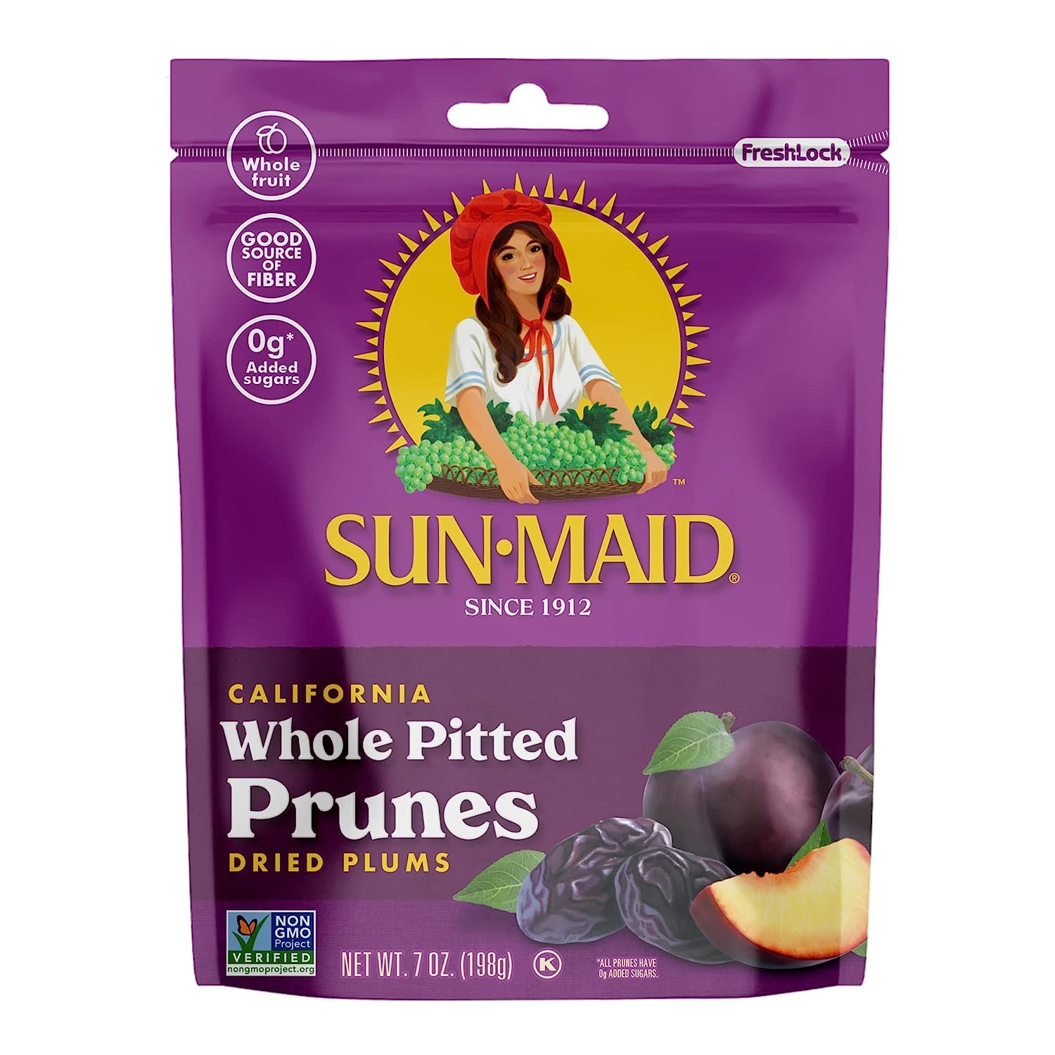 Sun-Maid California sun-dried whole pitted prunes, 4-pack, 7oz resealable bags, dried plums snack