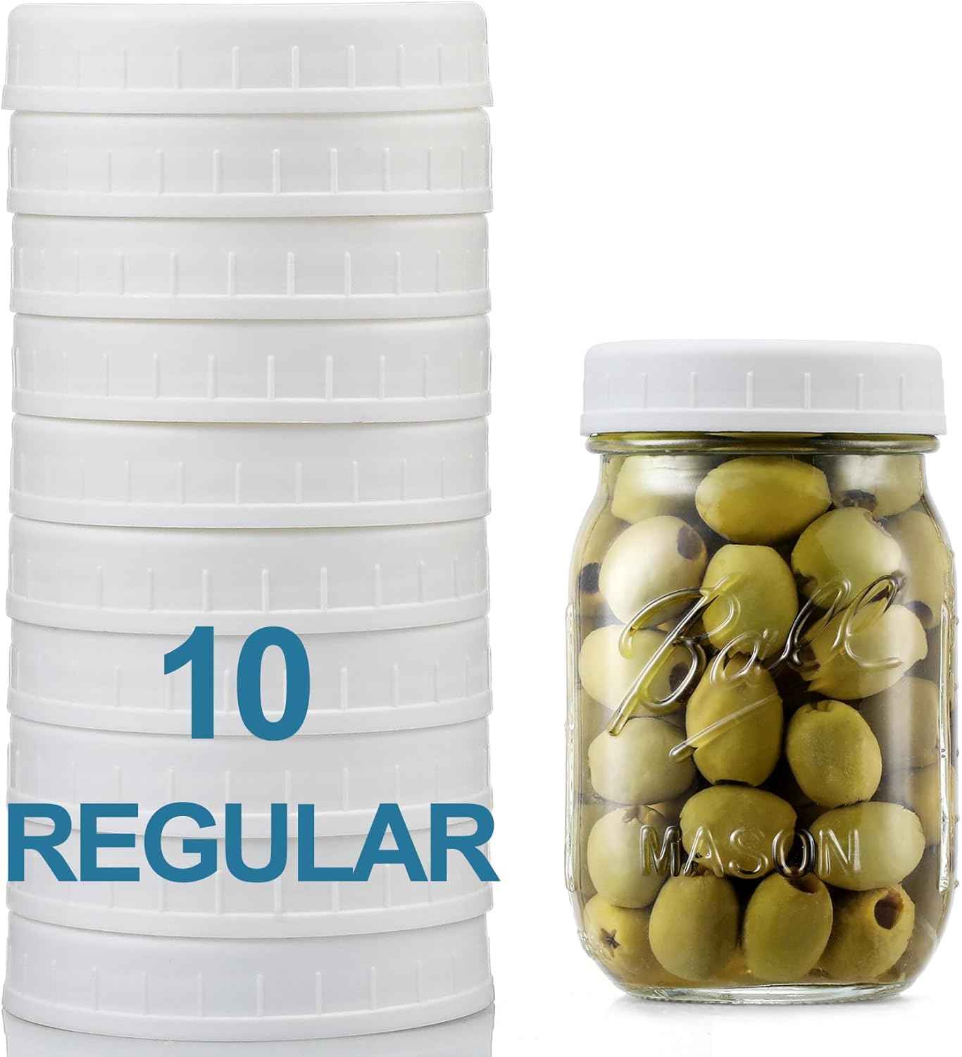 AOZITA [10 Pack] WIDE Mouth Mason Jar Lids for Ball, Kerr and More - White Plastic Storage Caps for Mason/Canning Jars - Leak-Proof, Dishwasher Safe & Food Grade