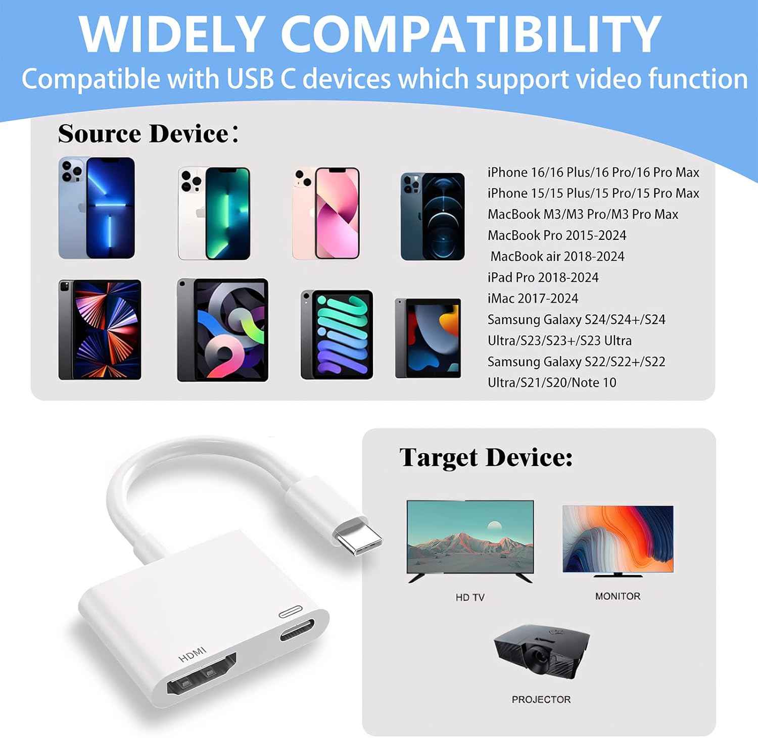 Kinhaly USB C to HDMI for TV, 4K@60Hz Type C to HDMI Adapter with Charging Port, iPhone to Hdmi to USB C Adapter Compatible for iPhone 16/15 Series/iPad Pro/Galaxy/MacBook Pro to HDTV Projector