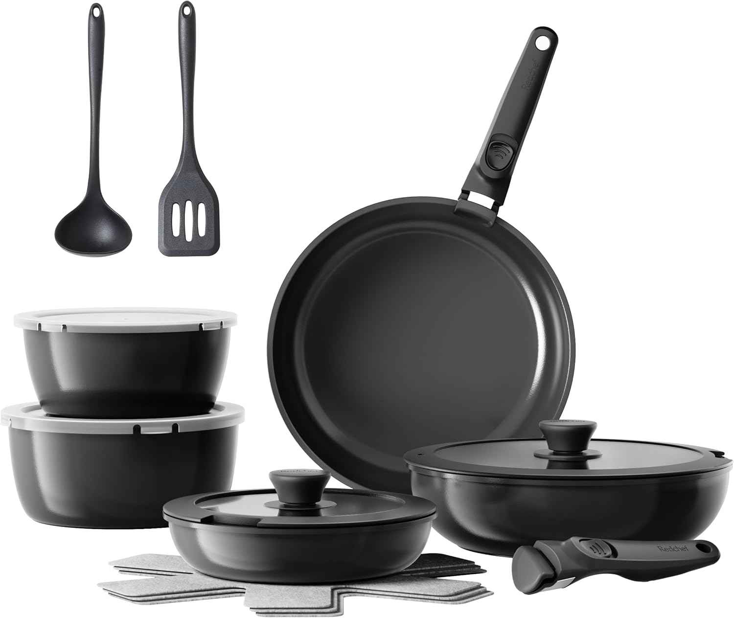 Redchef Ceramic Pots and Pans Set, Nonstick Kitchen Cookware Set with Detachable Handle, Non Toxic Cookware Set 16pcs, PFAS PFOA & PTFE Free, RV Ceramic Cookware for Camping, Dishwasher/Oven Safe