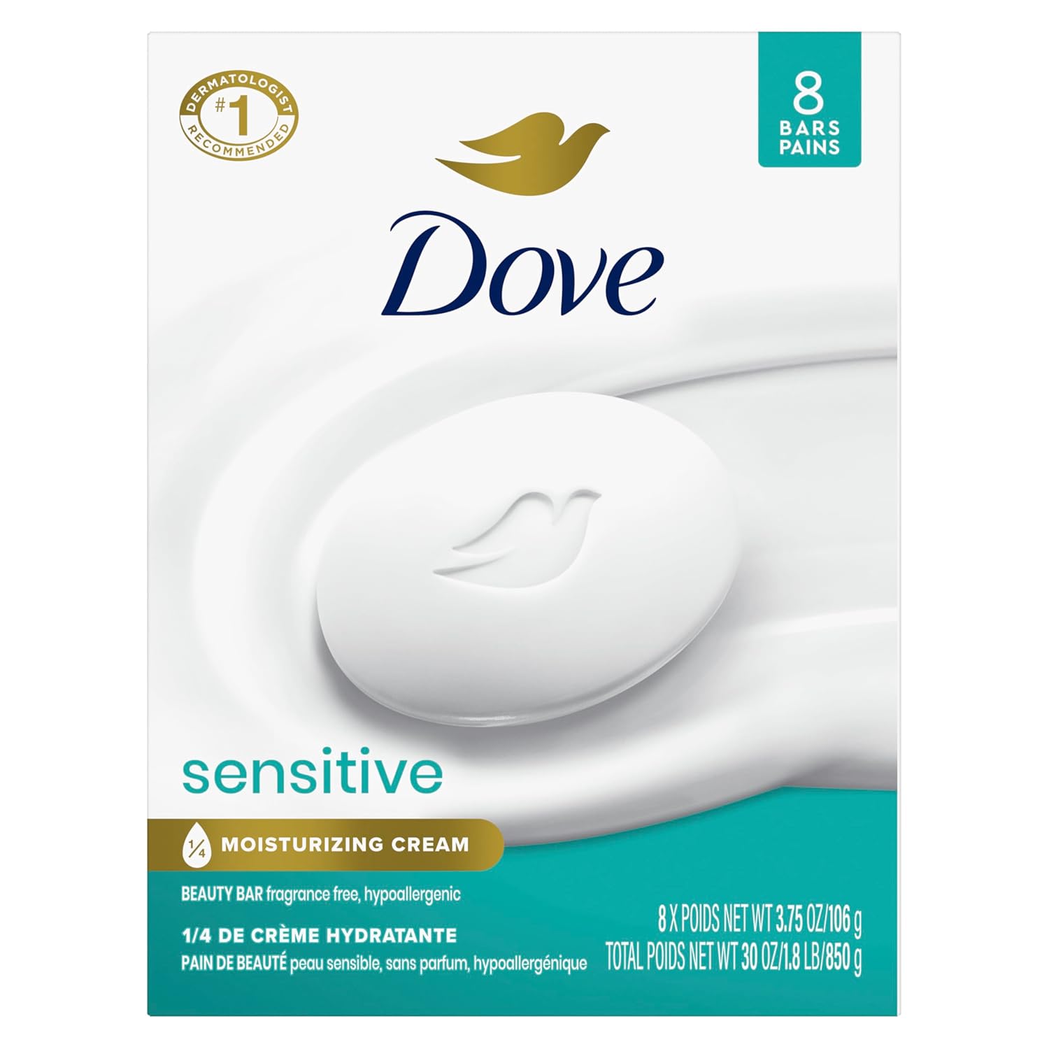 dove sensitive skin care bar soap 8 bars fragrance free hypoallergenic 3.75 oz