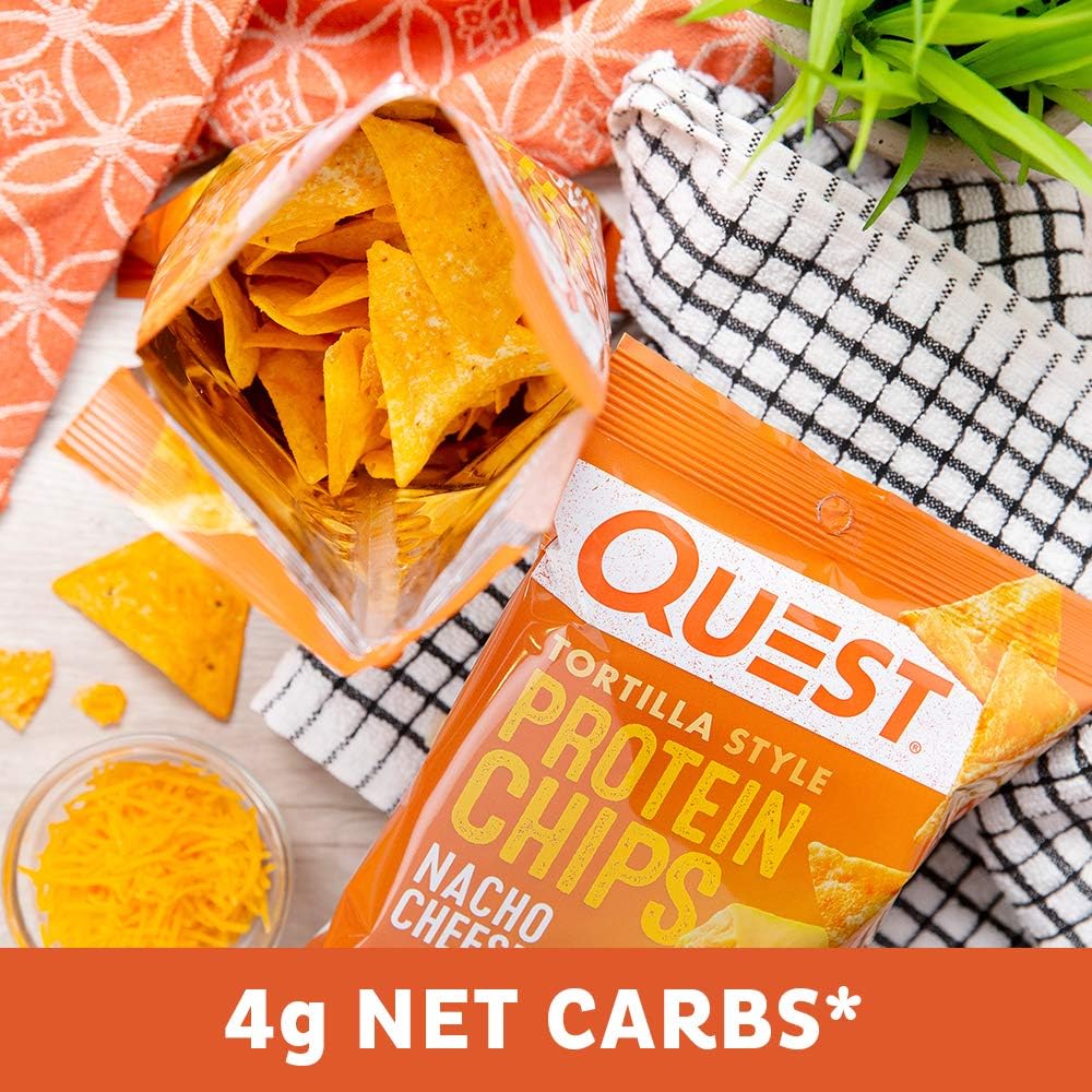 quest nutrition nacho cheese tortilla style protein chips with 18g protein 4g net carb low carb gluten free