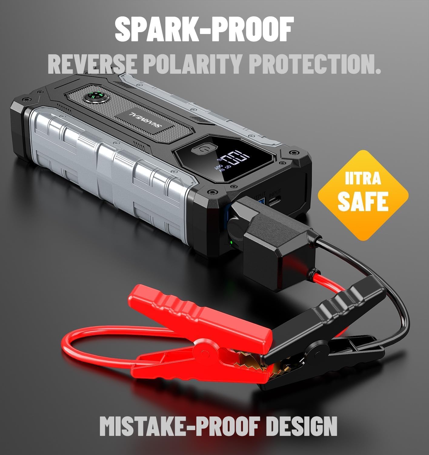 sharmeal 3000a portable jump starter for 9.0l gas and 7.0l diesel vehicles with led light