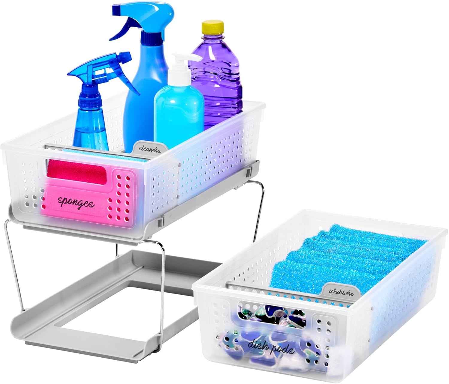 madesmart 2 Tier Bath Organizer, Undersink Storage with Sliding Drawers, for Cleaning Supplies, Pantry, Sponges, Bottles & Kitchen Essentials, Adjustable Dividers & Pull Out Sliding Baskets, Frost