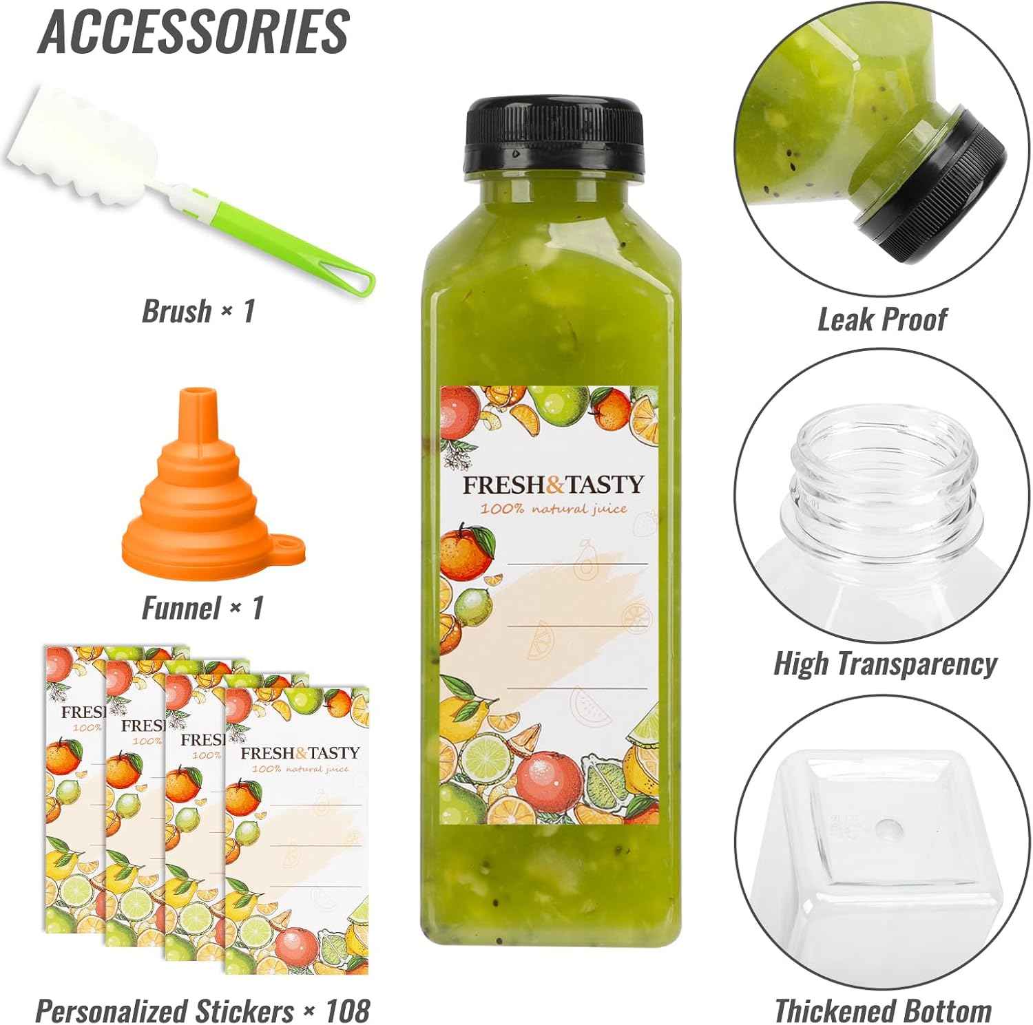 TOMNK 100pcs 16oz Plastic Beverage Containers, Black Caps with Label, Funnel and Brush for Juicing, Smoothies, Tea, Milk