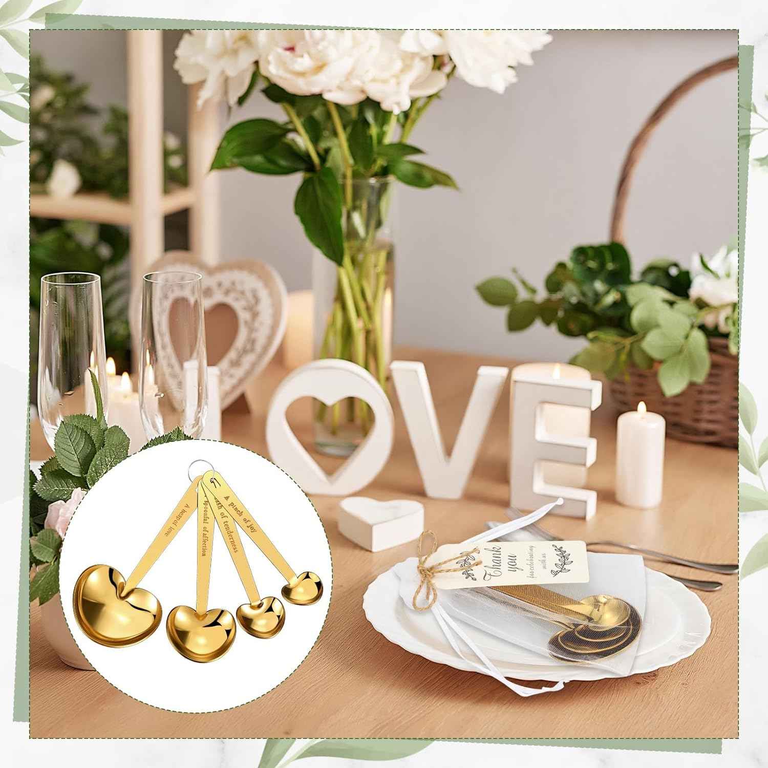 Umigy 100 Set Heart Shaped Measuring Spoon Tea Spoons Wedding Baby Shower Favors for Guests Set Heart Shape Drawstring Organza Bag Gift Tag Rope for Wedding Bridal Shower Souvenir (Gold)