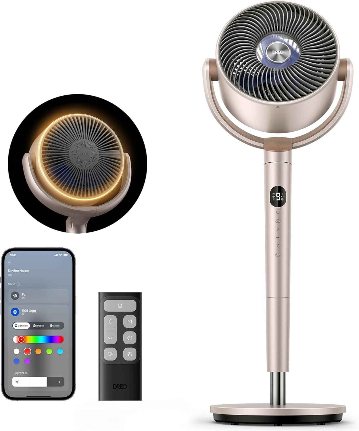 Dreo Smart Fan for Bedroom, 120° +120° Omni-Directional Oscillating Fans, 90ft Quiet Pedestal Fan with RGB Light, 9 Speeds, 6 Modes, 20dB, 8H Timer, Wi-Fi/Voice/Alexa, 37-42" Floor Fans with Remote