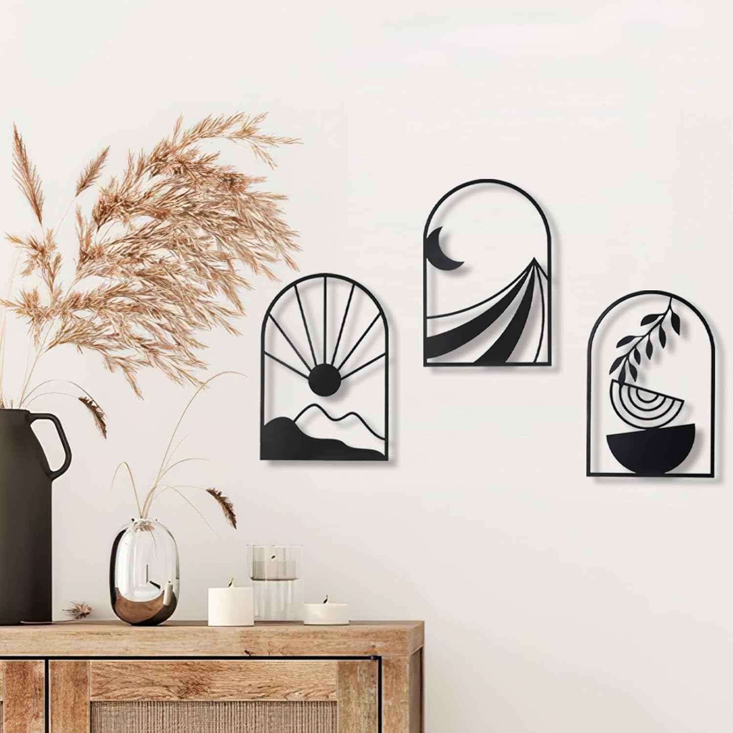 OYEFLY 3 PCS Boho Black Metal Wall Decor,Black Boho Metal Wall Art