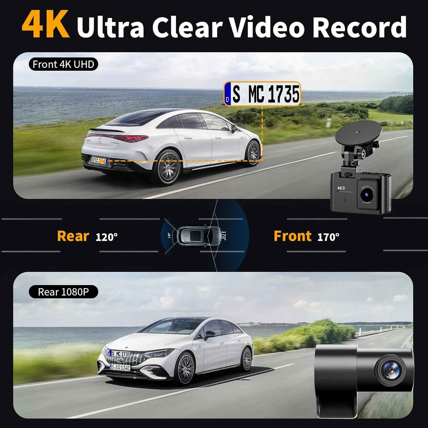 Dash Cam Front and Rear: 4K Dual Channel Dash Cam - 5GHz WiFi, Dash Camera for Cars with 64GB Card, 2" IPS, App Control, G-Sensor, Loop Recording, 170° Wide Angle, Night Vision, 24H Parking Mode