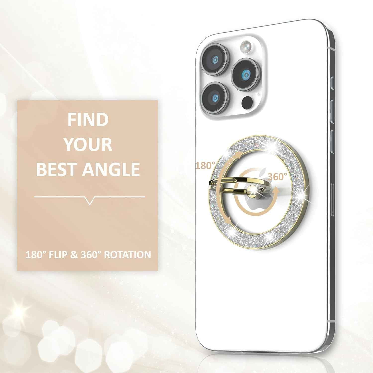 Magnetic Phone Ring Holder for MagSafe Cell Phone Grip Stand Finger Ring Stand Compatible with iPhone 17 16 15 14 13 12 Pro Max MagSafe Accessories Android. (Glitter Gold)