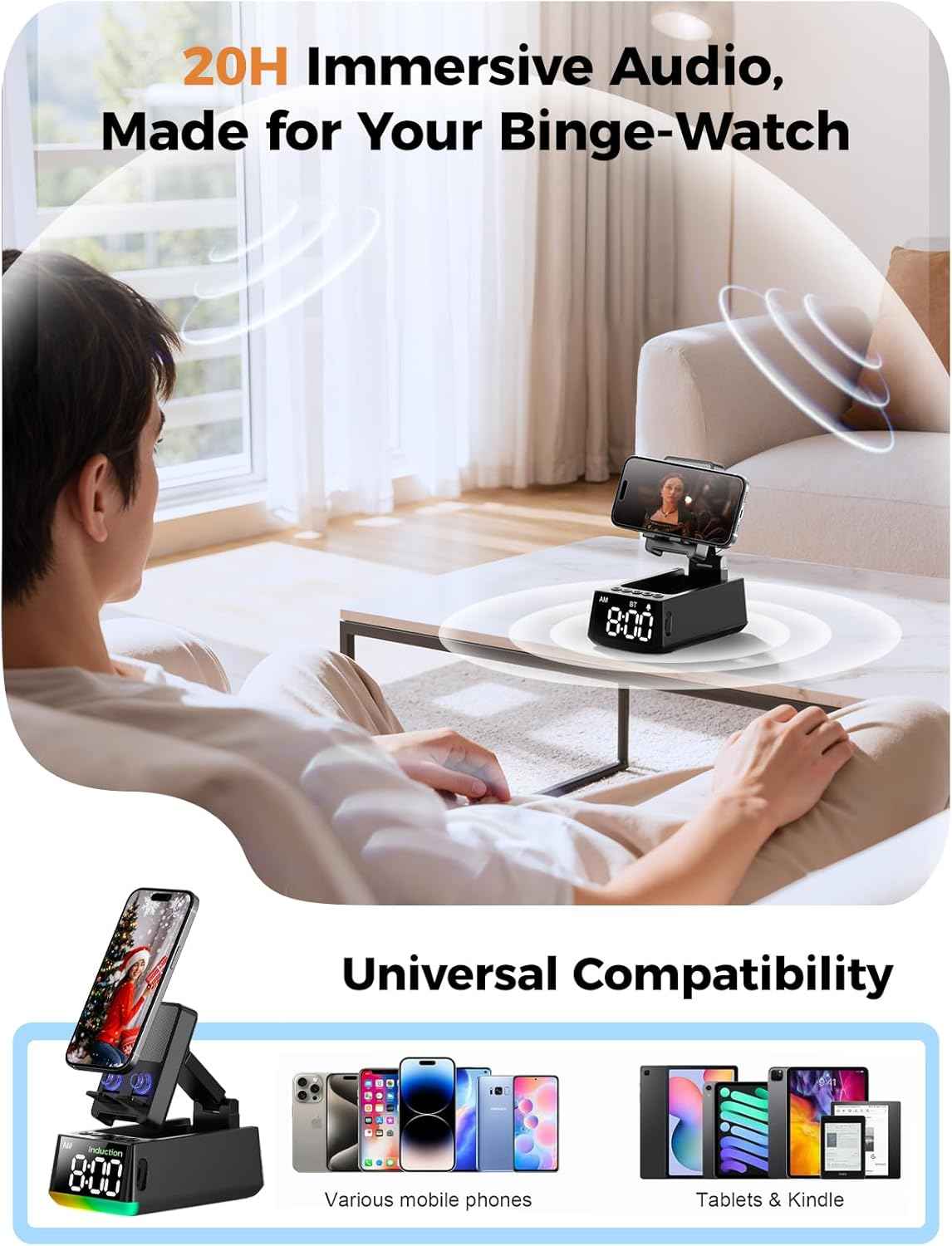 Bluetooth Speaker Birthday Gift for Men:Induction Cell Phone Stand HD Sound Valentines Gifts For Him Her Adult Teen,Anti-Slip Phone Holder Kitchen Gadget Women Mom Wife,Dad Husband Boyfriend(Black)