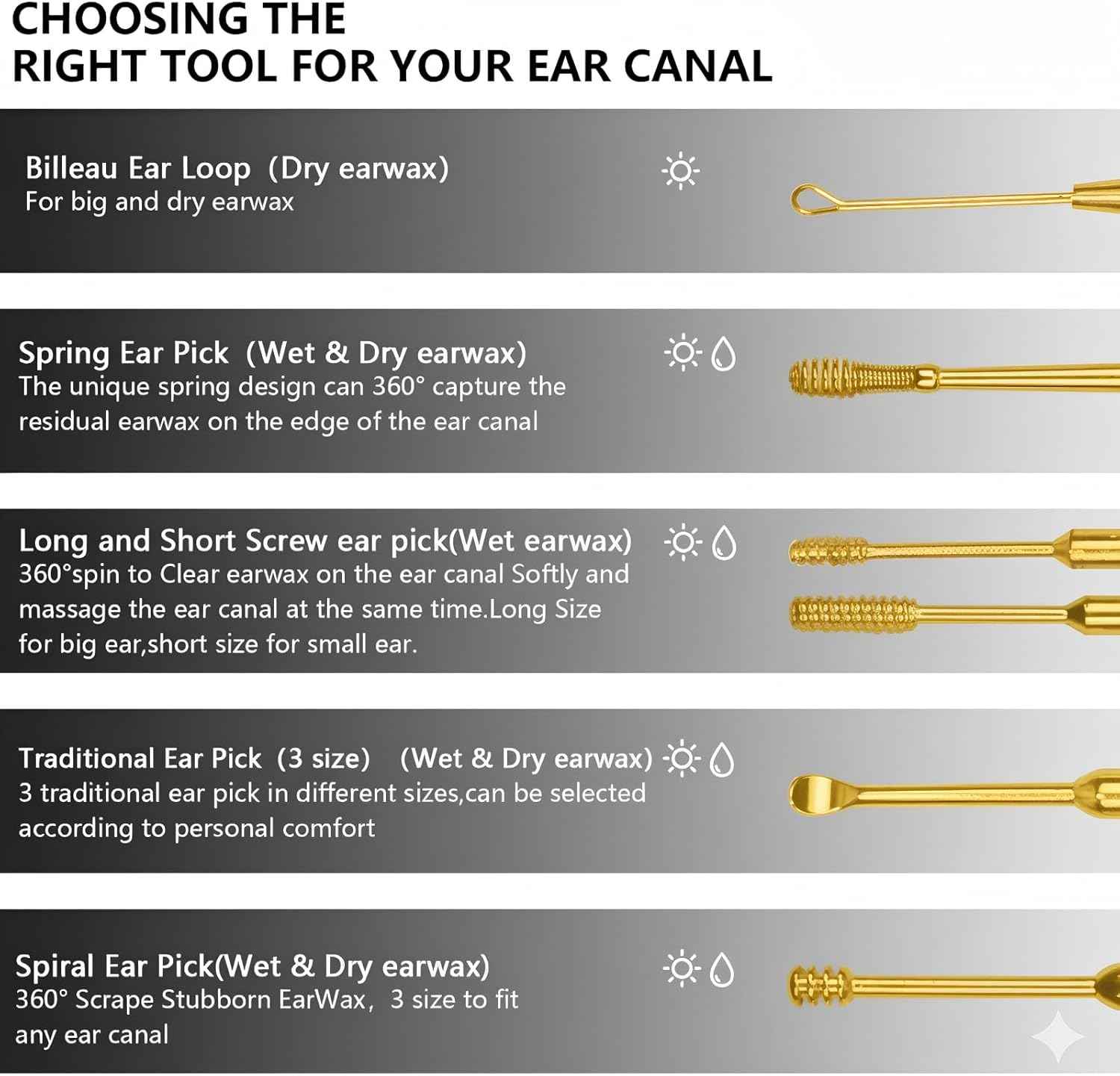 Hion 6 Pcs Extended Ear Wax Removal Kit,Professional Double-Headed Ear Pick Earwax Removal Tools,316L Stainless Steel Ear Cleaner Curette with Cleaning Brush and Storage Box,Suit for Kid Adult(Gold)
