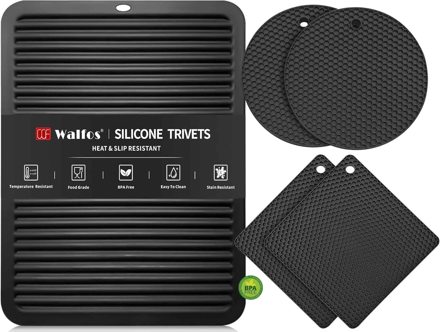 Walfos Silicone Trivet Mats - 4 Heat Resistant Pot Holders, Multipurpose Non-Slip Hot Pads for Kitchen Potholders, Hot Dishers, Jar Opener, Spoon Holder, Food Grade Silicone & BPA Free (Black)