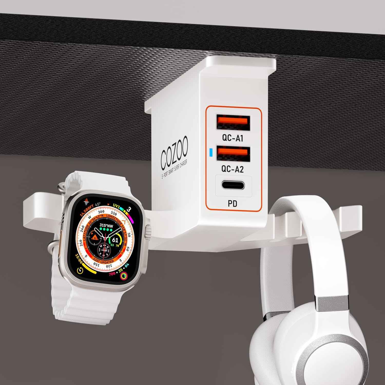 cozoo Headphone Stand with USB Charger Under Desk Headset Holder Mount 3 USB Charging Station,iWatch Stand Watch Dock Dual Earphone Hanger Hook,PC Accessories Gifts,UL Tested