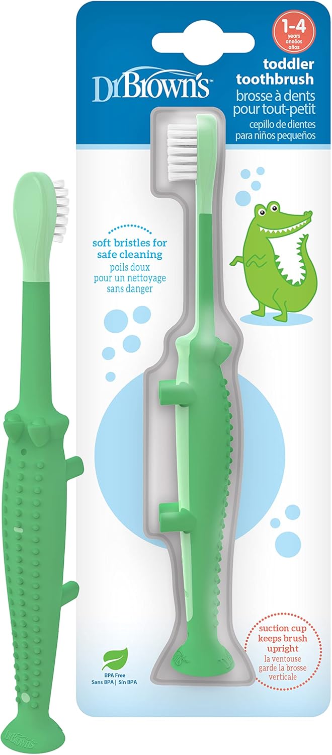 Dr Brown's Baby Toddler Toothbrush Green and Orange Dinosaur 2-Pack Ages 1-4 Years Soft Bristles Suction Cup Base