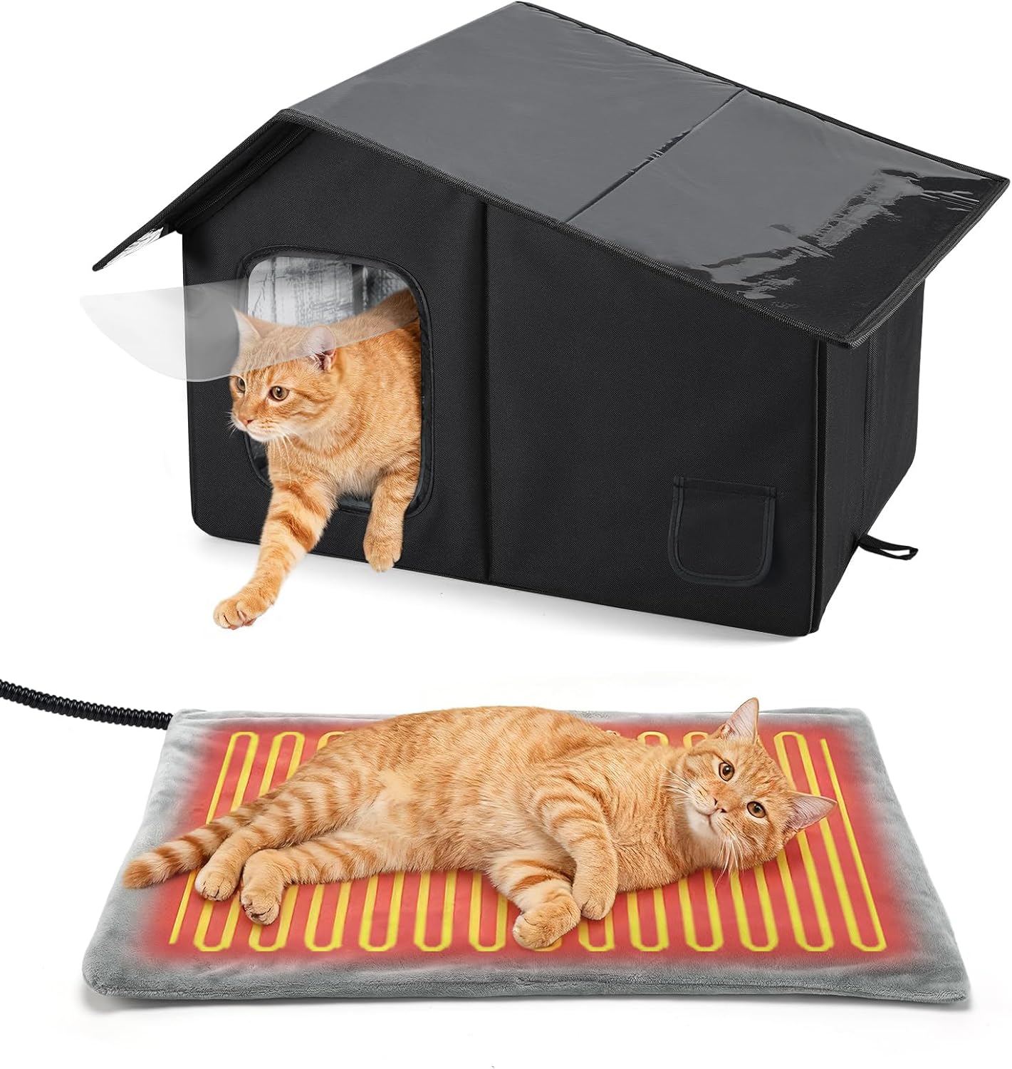 Black weatherproof heated cat house for 2-3 feral cats with thermostatic heating pad and escape door