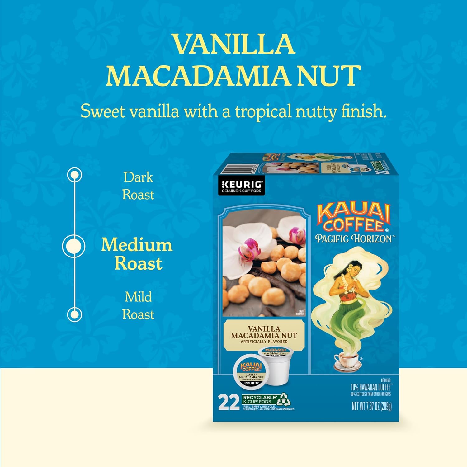 kauai coffee k-cup pods, arabica coffee, 10% hawaiian, medium roast, vanilla beans with toasted macadamia nuts, 22 count