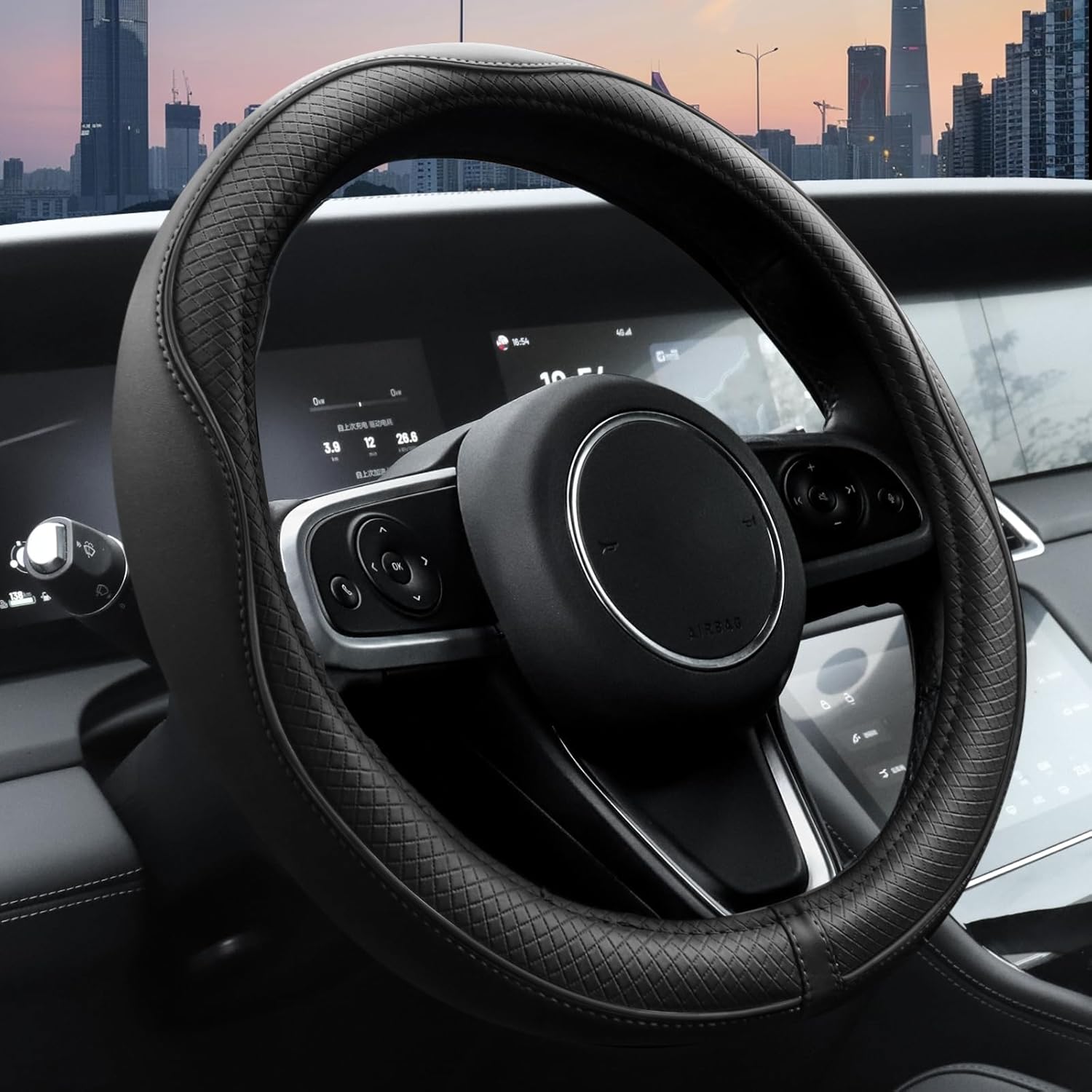 Ouzorp universal 14.5-15 inch black microfiber leather steering wheel cover with anti-slip lining