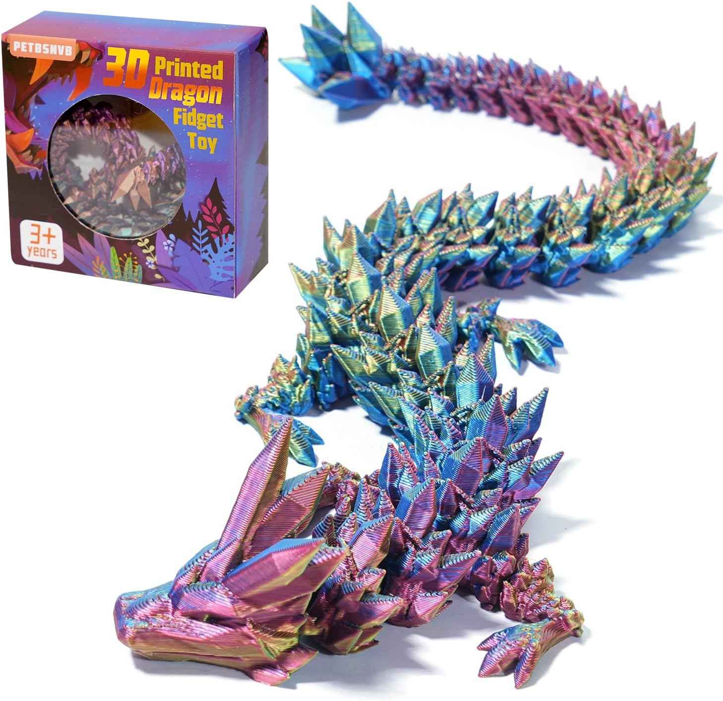 Three Color 12" 3D Printed Dragon, Articulated Dragon, Crystal Dragon, Dragon Fidget Toy, Home Office Decor Executive Desk Toy (Blue Head)