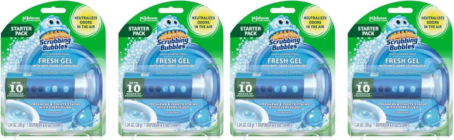 Scrubbing Bubbles Fresh Gel Toilet Bowl Cleaning Stamps, Helps Keep Toilet Clean and Helps Prevent Limescale & Rings, Rainshower Scent, 1 Dispenser with 6 Fresh Gel Stamps
