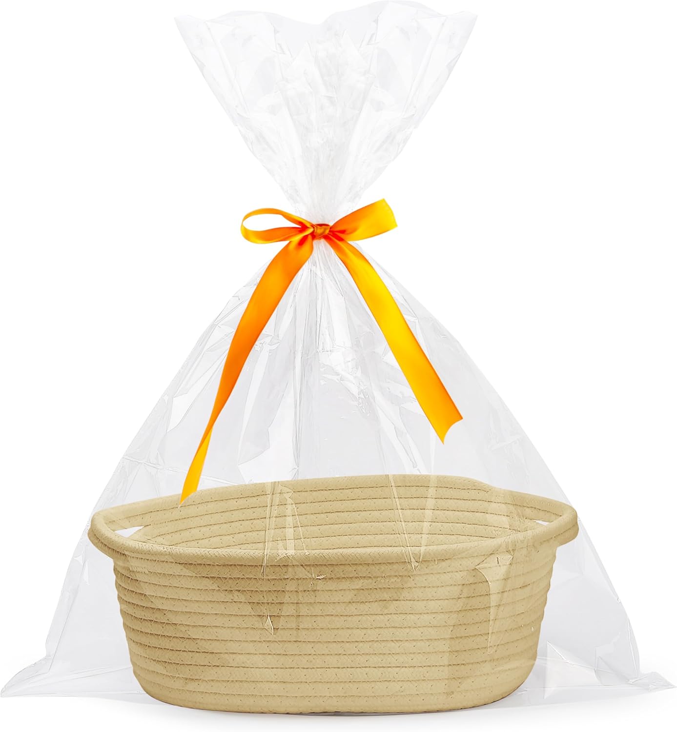 White small woven burr basket with gift bags and ribbons, 12" x 8" x 5", durable storage for gifts, baby toys, and living room essentials