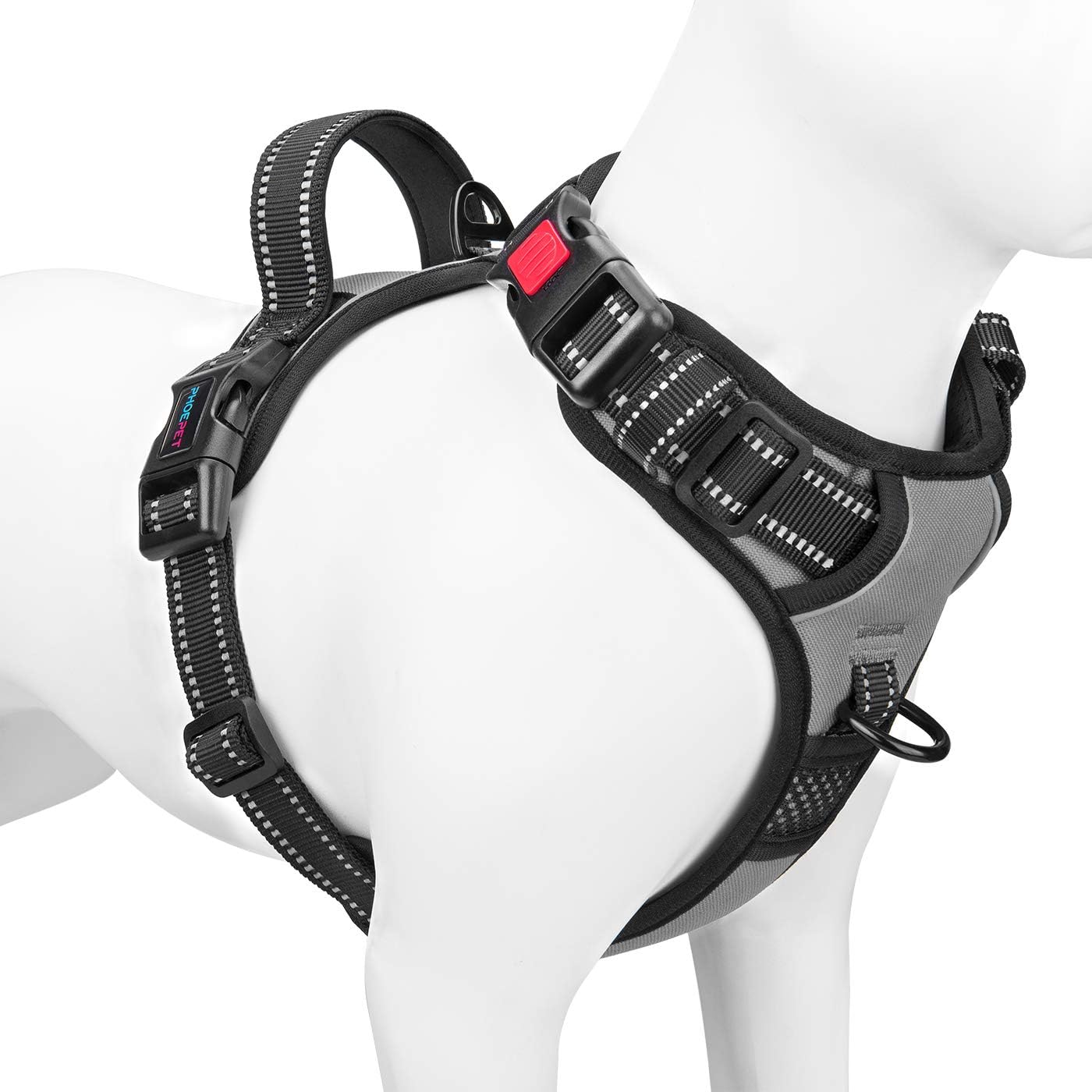 phoepet medium reflective dog harness with handle adjustable 2 metal rings orange