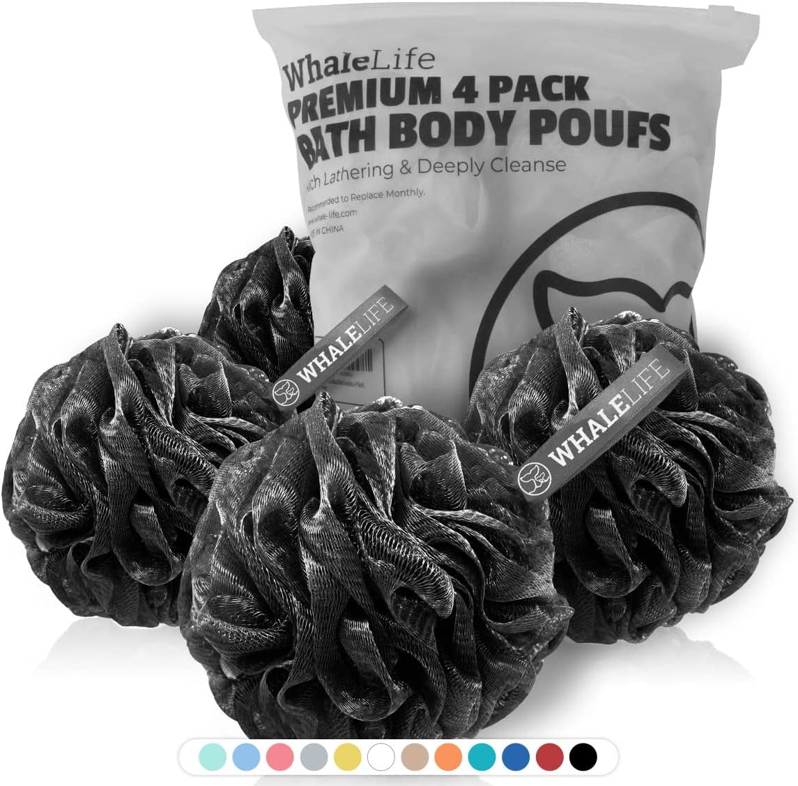 WhaleLife Shower Puff 4 Pack Black Bath Sponge Loofahs Pouf for Sensitive Skin