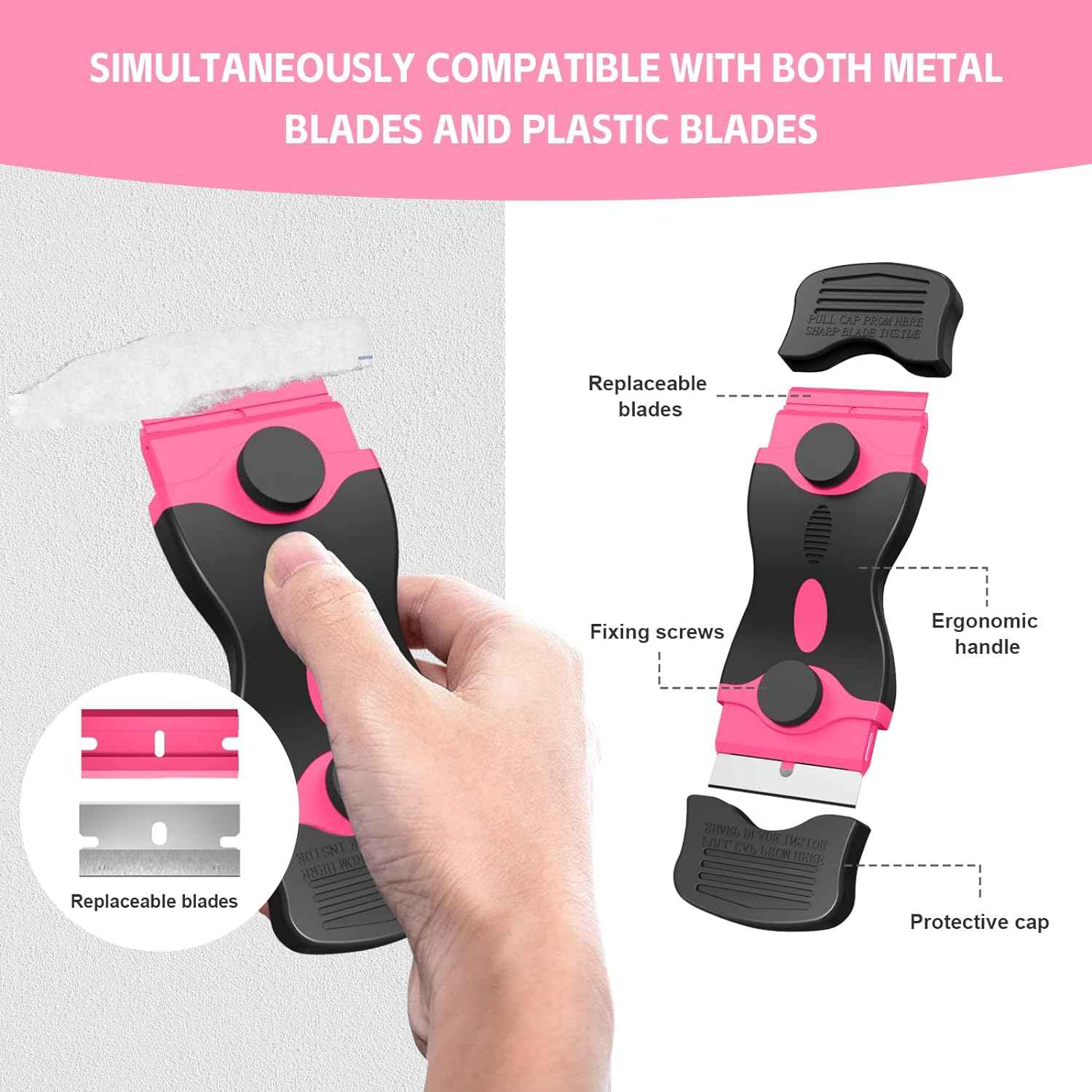3 Pack Razor Blade Scraper Set, Includes 30 Plastic & 30 Metal Blades, Multi-Purpose Tool for Glass, Cooktop, Sticker Removal, Paint & Gum Cleaning (Pink)