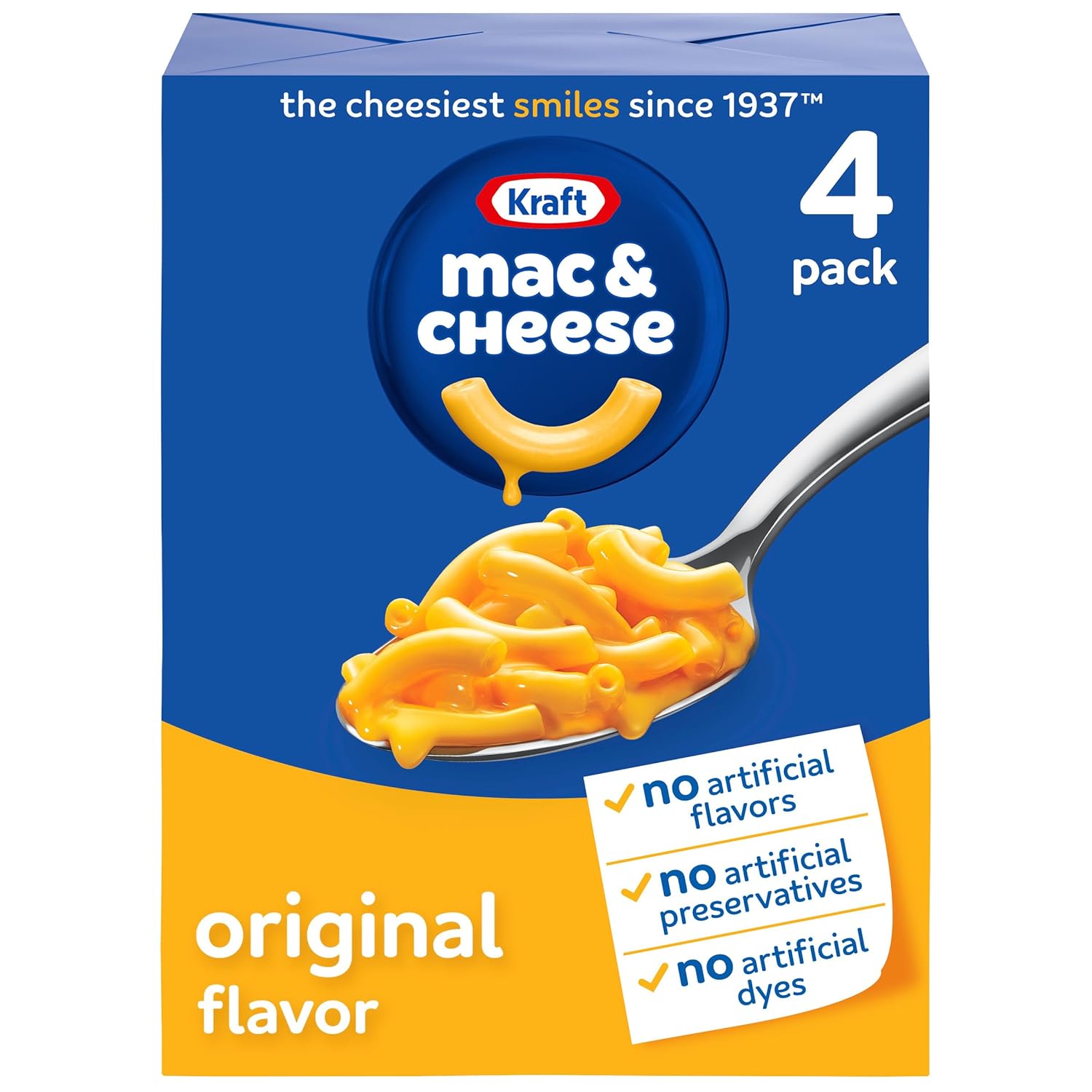 kraft macaroni and cheese, 4 boxes, original flavor, no artificial flavors, 7.25 oz