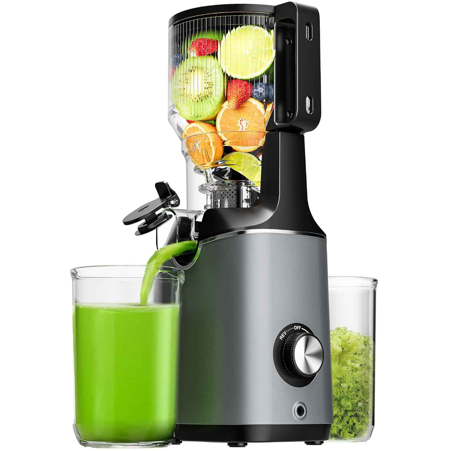 Cold Press Juicer, EUHOMY 5.8" Wide Feed Chute Juice Extractor Machine with 400W, High Juice Yield, Slow Masticating Juicer for Whole Vegetables & Fruits, Deep Silver