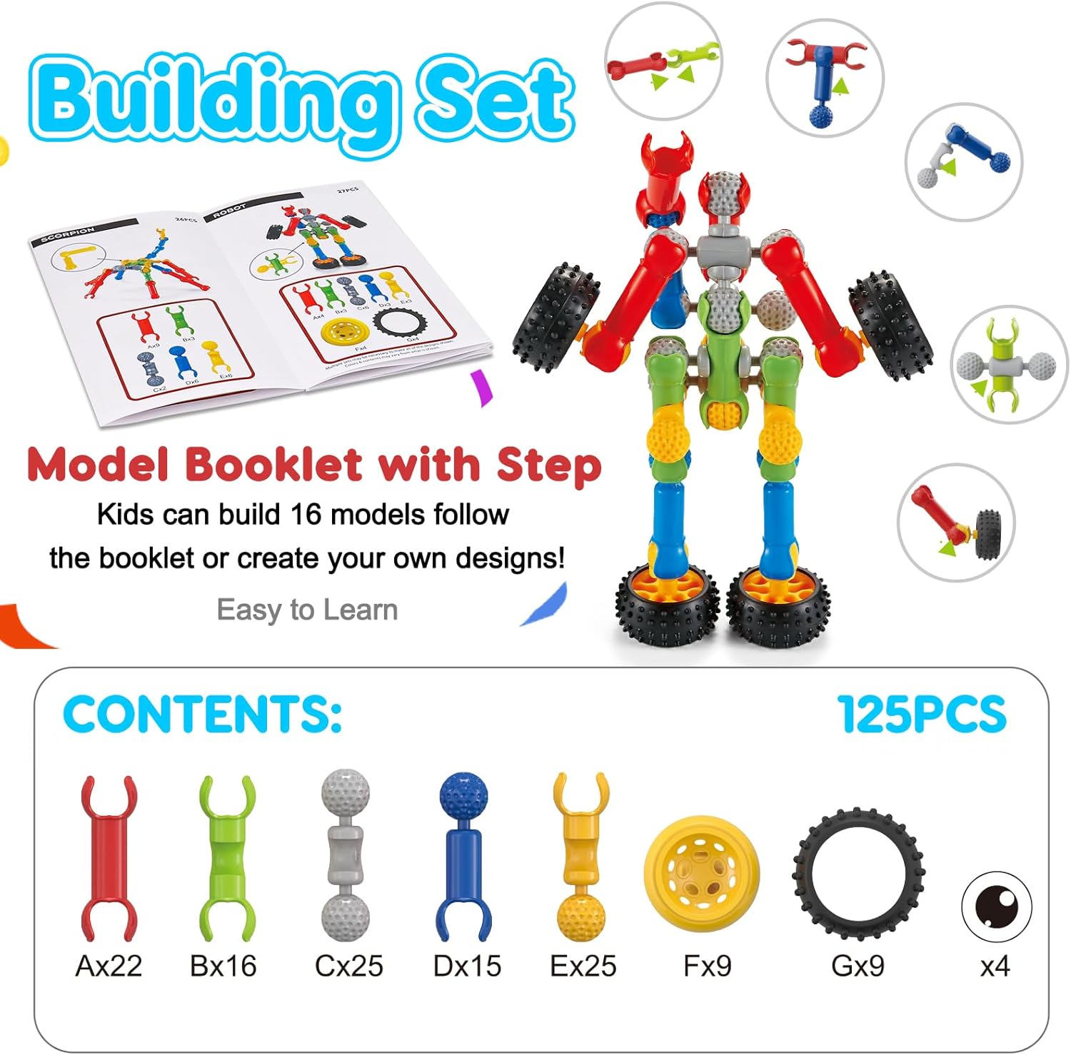 Kids STEM Building Toys for 3 4 5 6 7 8+ Year Old Boy Girl Birthday Gift, 125 Pcs Preschool Classroom Educational Building Blocks Stem Kits Activities Ages 3-5 4-8 5-7 6-8 Engineering Creative Games