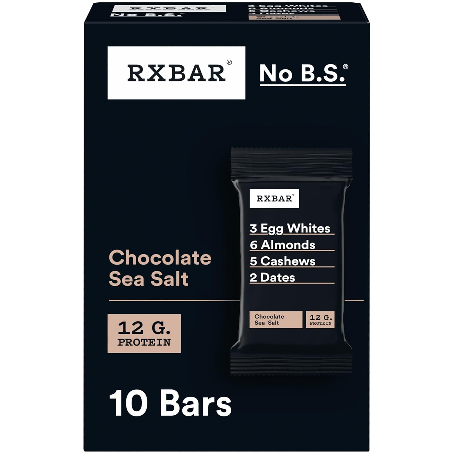 RXBAR Chocolate Sea Salt Protein Snack Bars, 18.3oz Box (10 Count), Gluten Free, 12g Protein