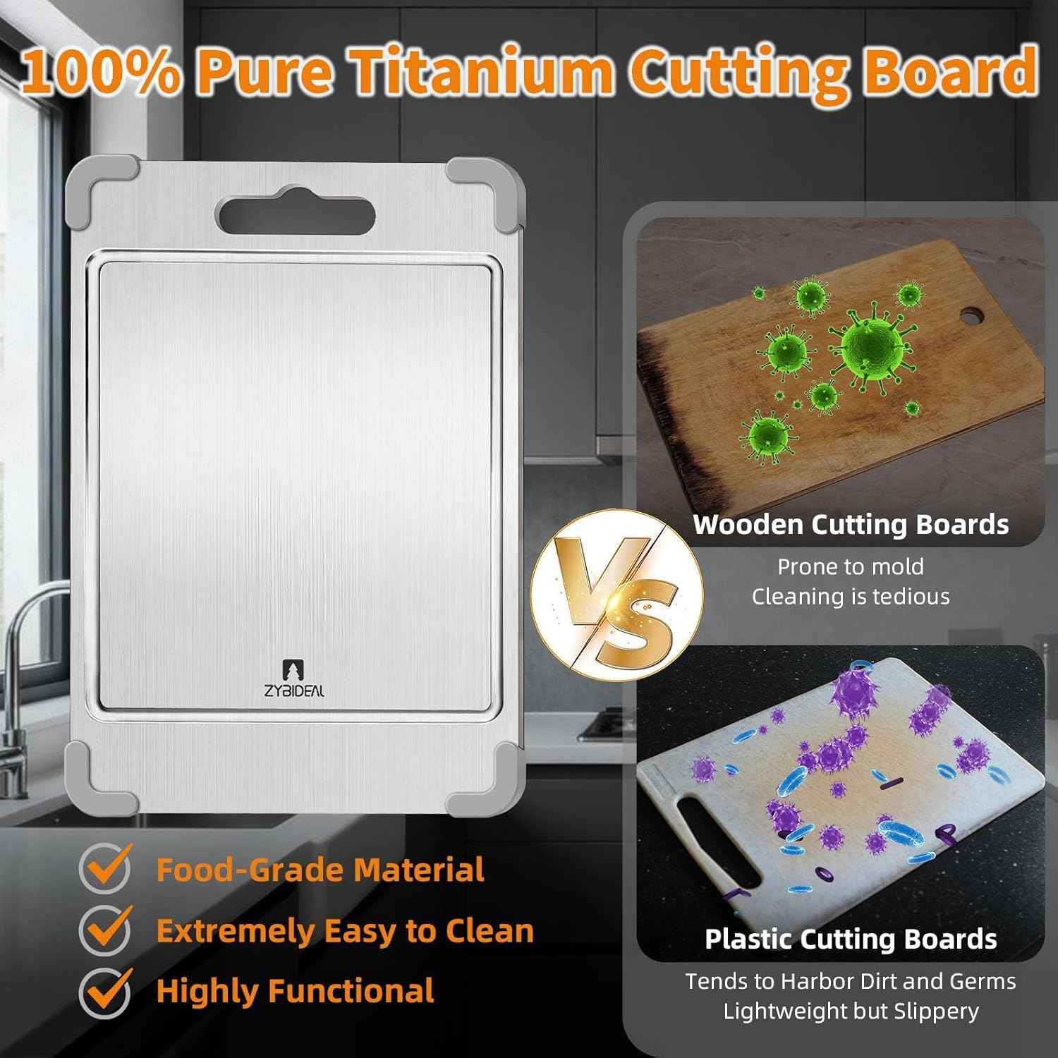 3Pcs 100% Pure Titanium Cutting Board with Grooves, Update Double Side Titanium Chopping Board, Silicone Anti-slip Stainless Cutting Boards Set for Kitchen