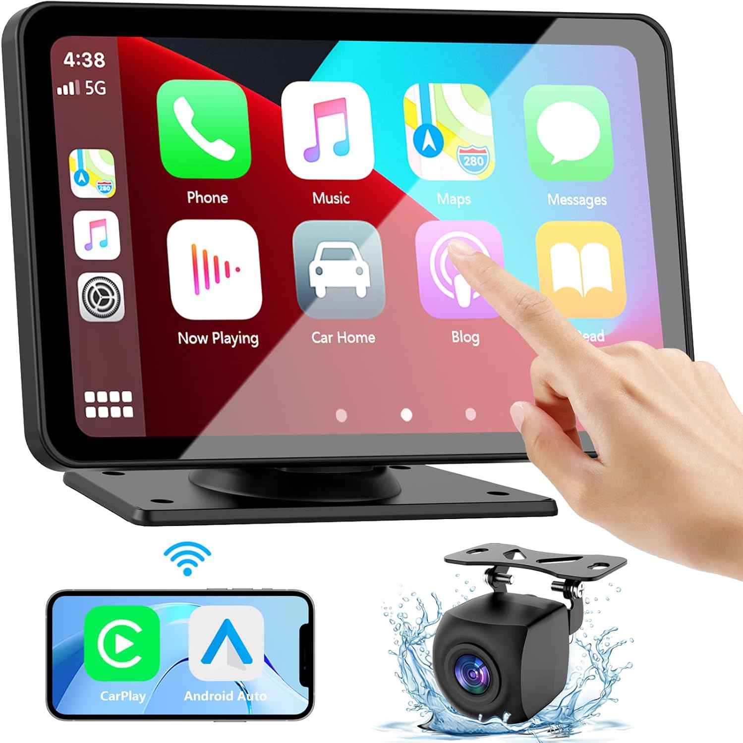 Carplay Screen for Car, 7" HD Wireless Portable Car Play Touchscreen Stereo with Android Auto Mirror Link/Backup Camera/GPS Navigation/Satellite Radio for All Vehicles