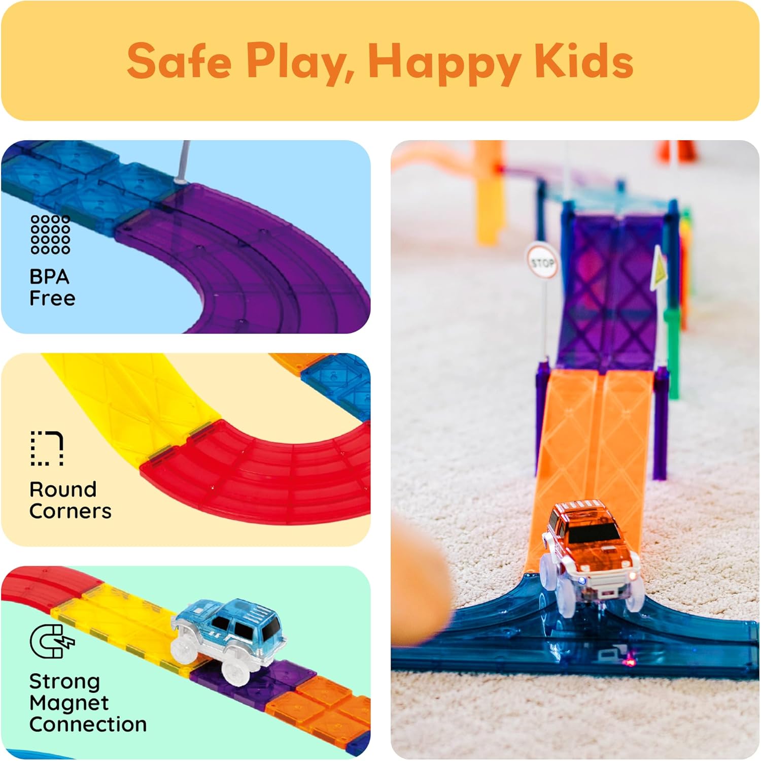 PicassoTiles Race Track Magnetic Tiles Car Toy Fun Playset Includes 2 Racing Trucks Racecars STEM Educational Magnet Building Block Construction Set for Toddlers Boys Girls Ages 3 and Older PTR30