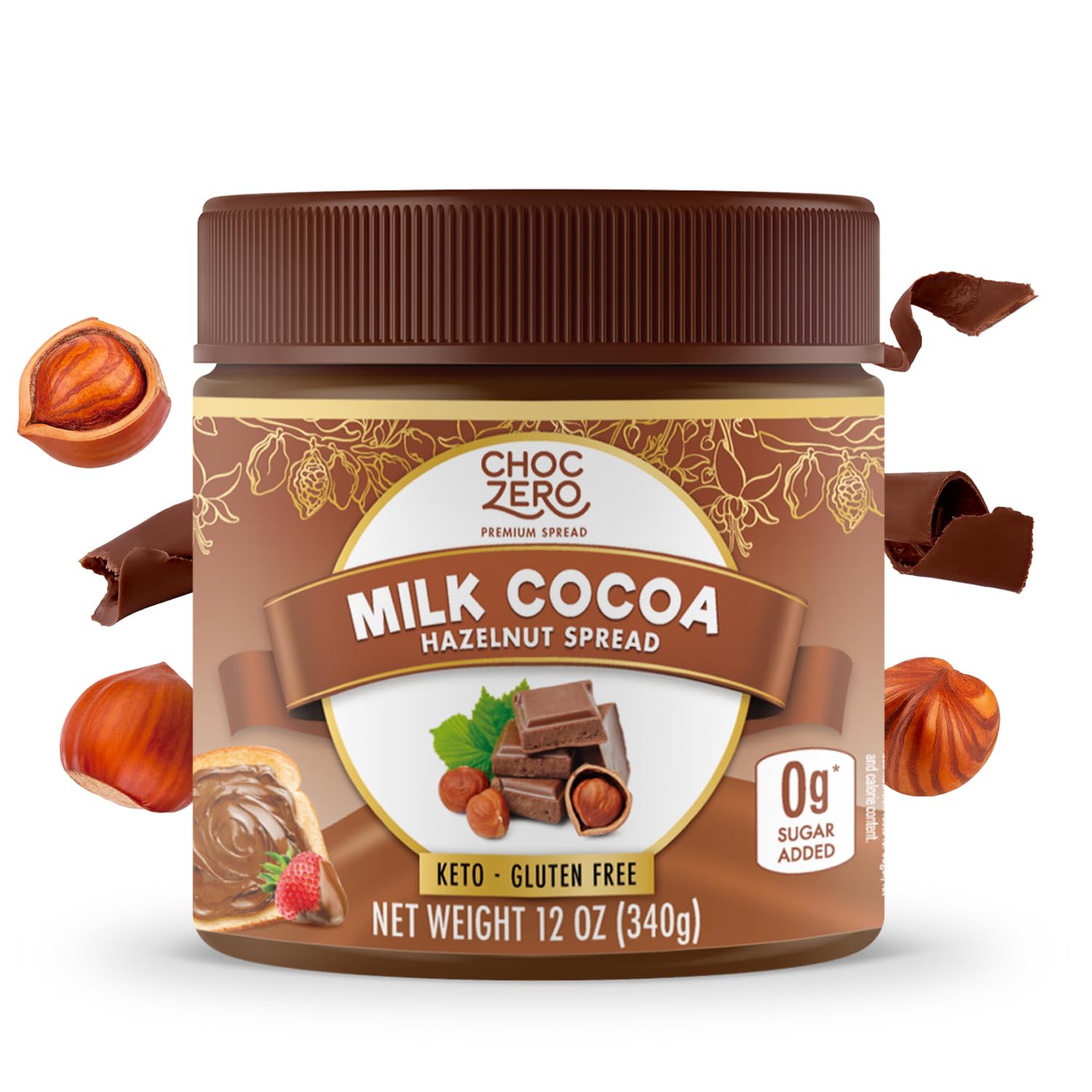 ChocZero 12 oz Milk Chocolate Hazelnut Spread, No Added Sugar, Keto Friendly, Low-Carb, Gluten Free, High Fiber, Versatile