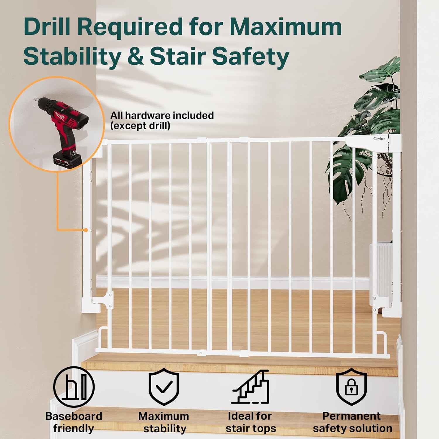 Cumbor 29.2–43" Baby Gate for Stairs, Wall-Mounted (Drill Required), Expandable No Bottom Bar Dog Gate, Auto Close Extra Wide Walk Thru, Pet & Toddler Proof Gate, Top & Bottom of Stairways (White)