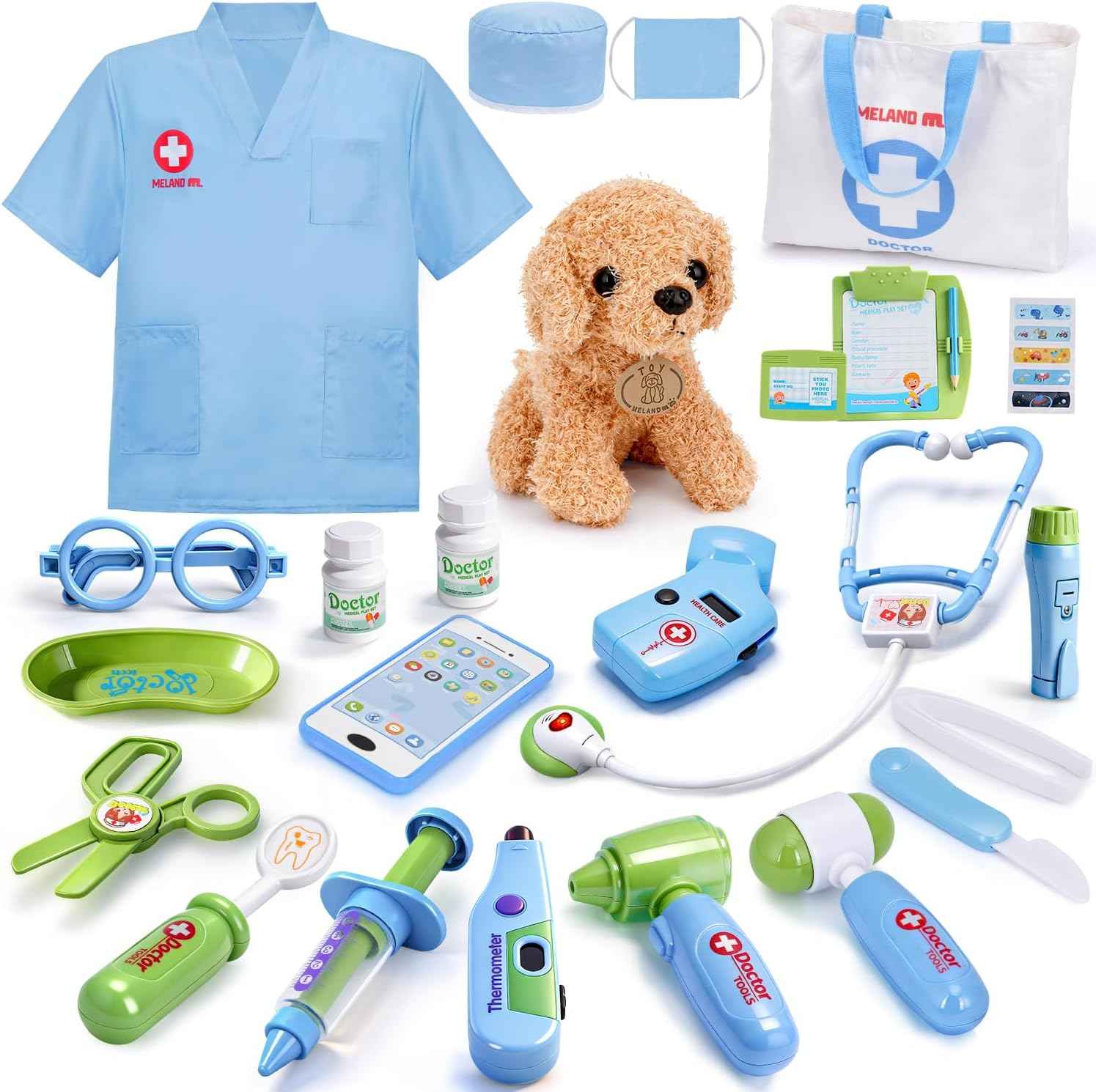 Meland Toy Doctor Kit for Girls, Pretend Play Toy Doctor Set with Dog , Carrying Bag, Stethoscope & Dress Up Costume Gift for Kids Toddlers Ages 3 4 5 6 Year Old for Role Play