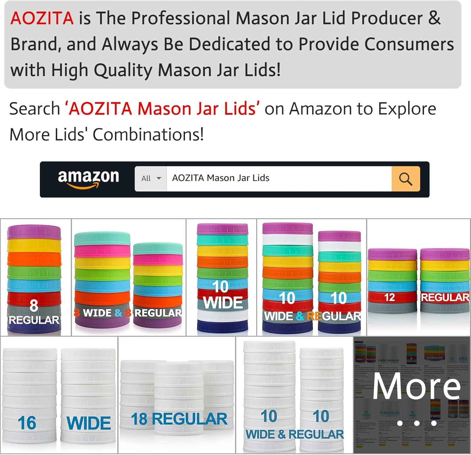 AOZITA 10 WIDE Mouth & 10 REGULAR Mouth Mason Jar Lids - 20 Pack Food Grade Plastic Mason Jar Caps for Ball, Kerr and More Canning Jars - Leakproof & Dishwasher Safe - Multicolor