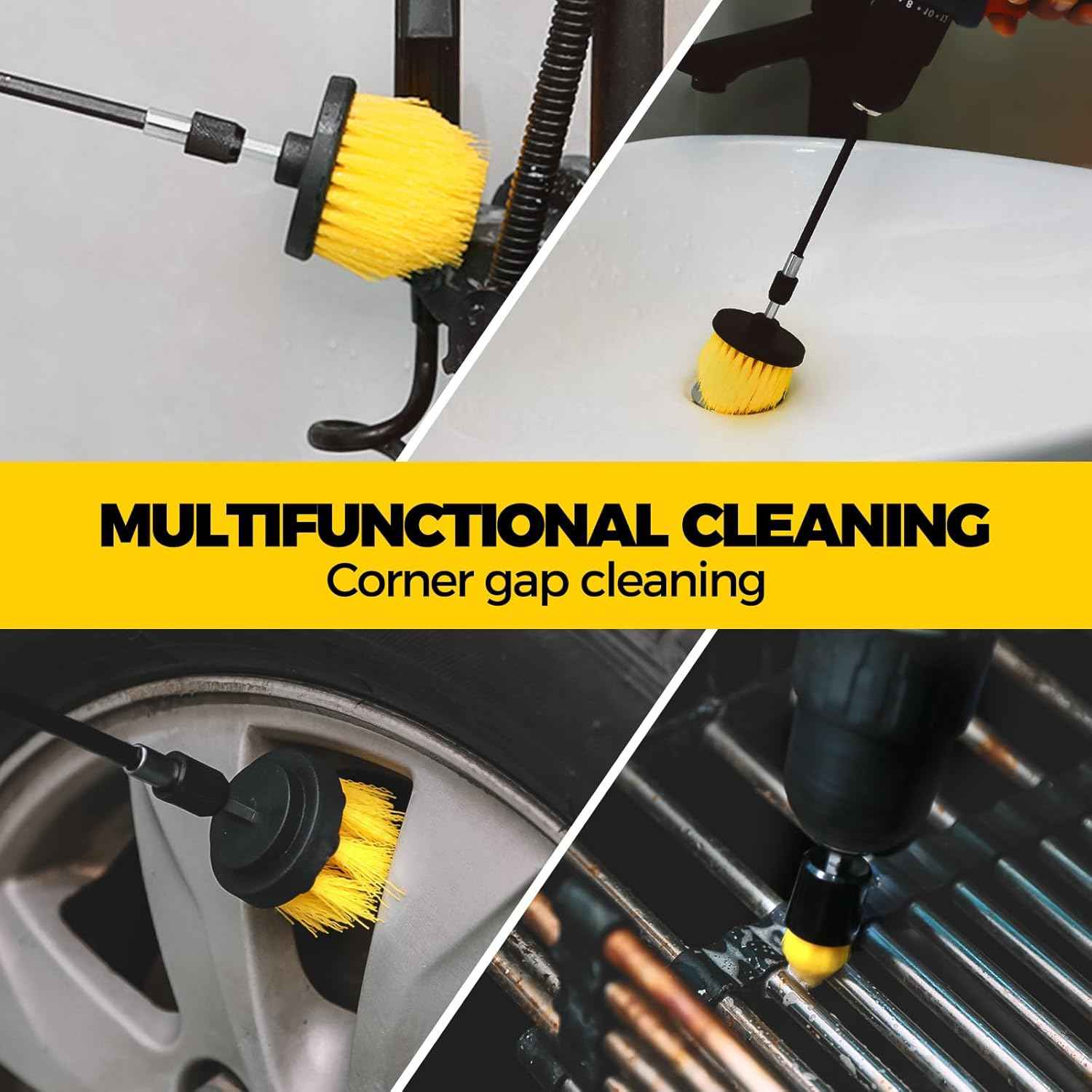 Holikme 6Pack Drill Brush Power Scrubber Cleaning Brush Extended Long Attachment Set All Purpose Drill Scrub Brushes Kit for Grout, Floor, Tub, Bathroom and Kitchen Surface,Scratch Brushes（Yellow）