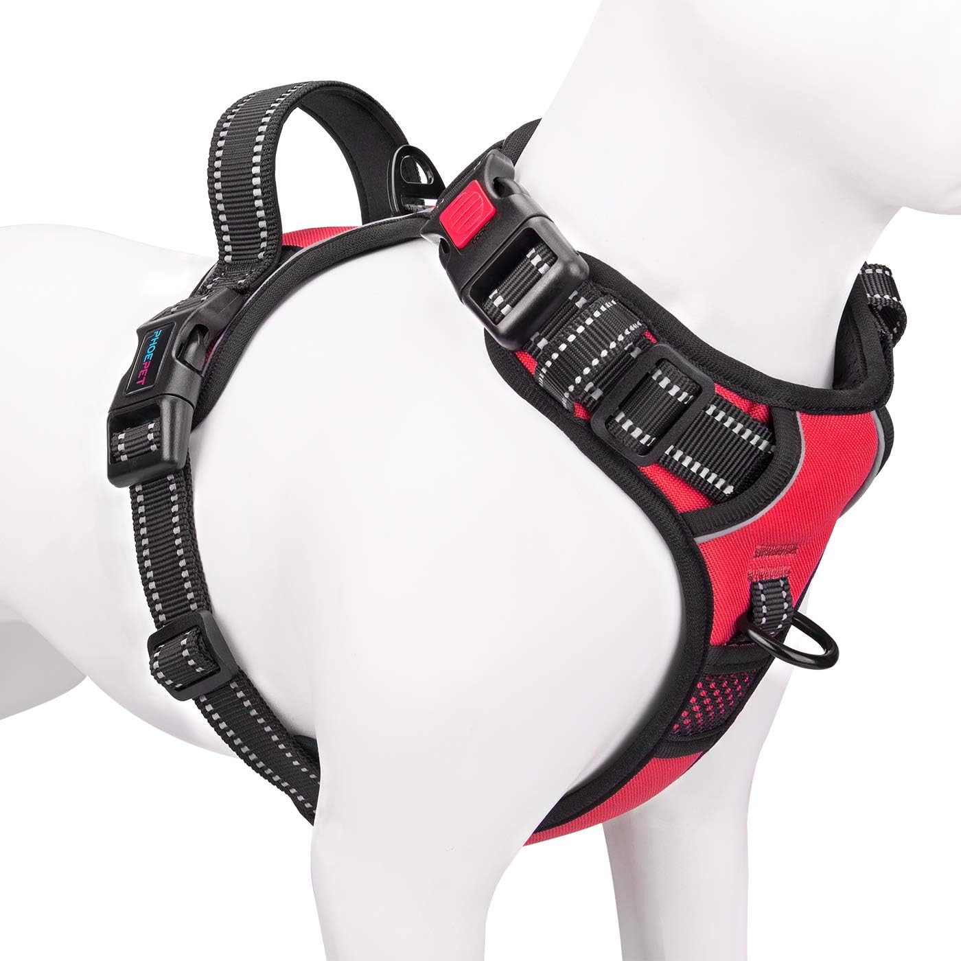 phoepet medium reflective dog harness with handle adjustable 2 metal rings orange