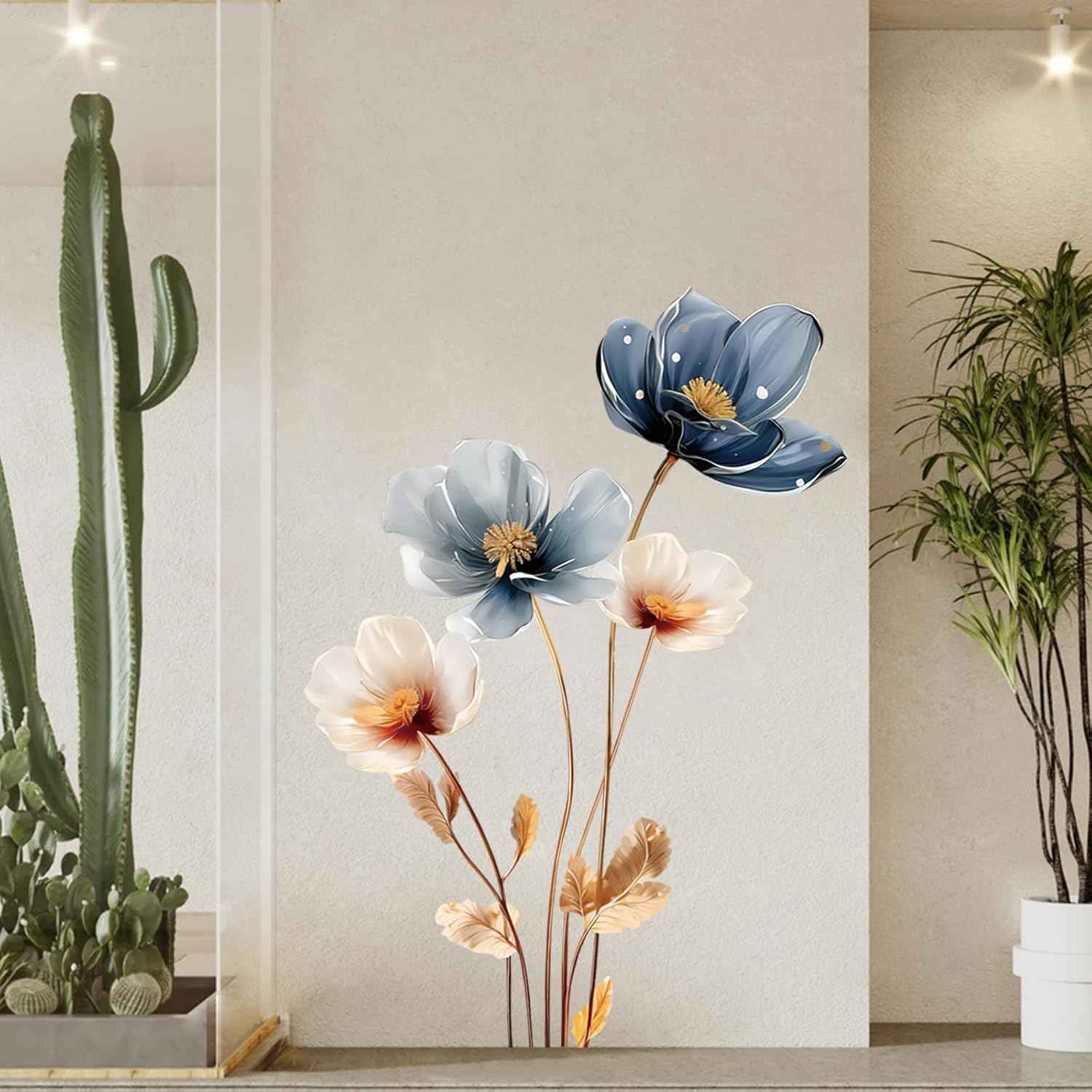 Gold Leaf Blue Flower Wall Decal PVC Wall Sticker Vintage Watercolor Floral Wall Art for Living Room Bedroom Home Decor
