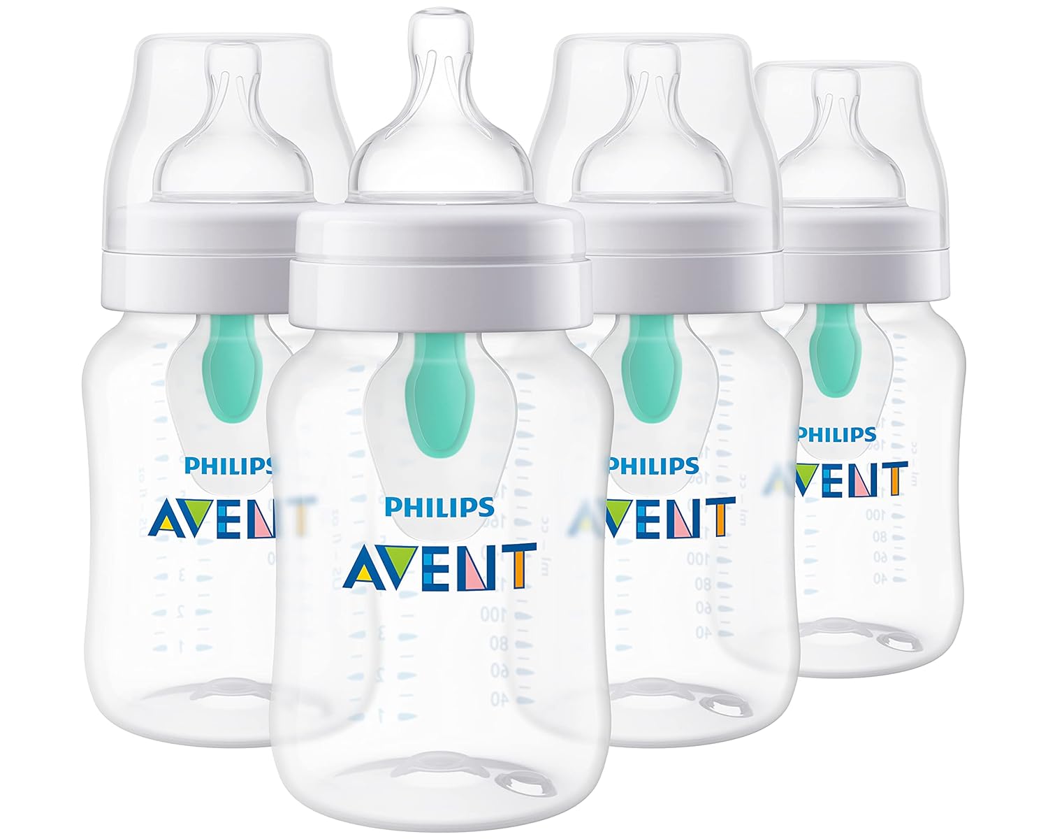 Philips Avent 9oz Anti-Colic Baby Bottle with AirFree Vent, 4pk, Clear, Flow 2 Nipples, 1m+